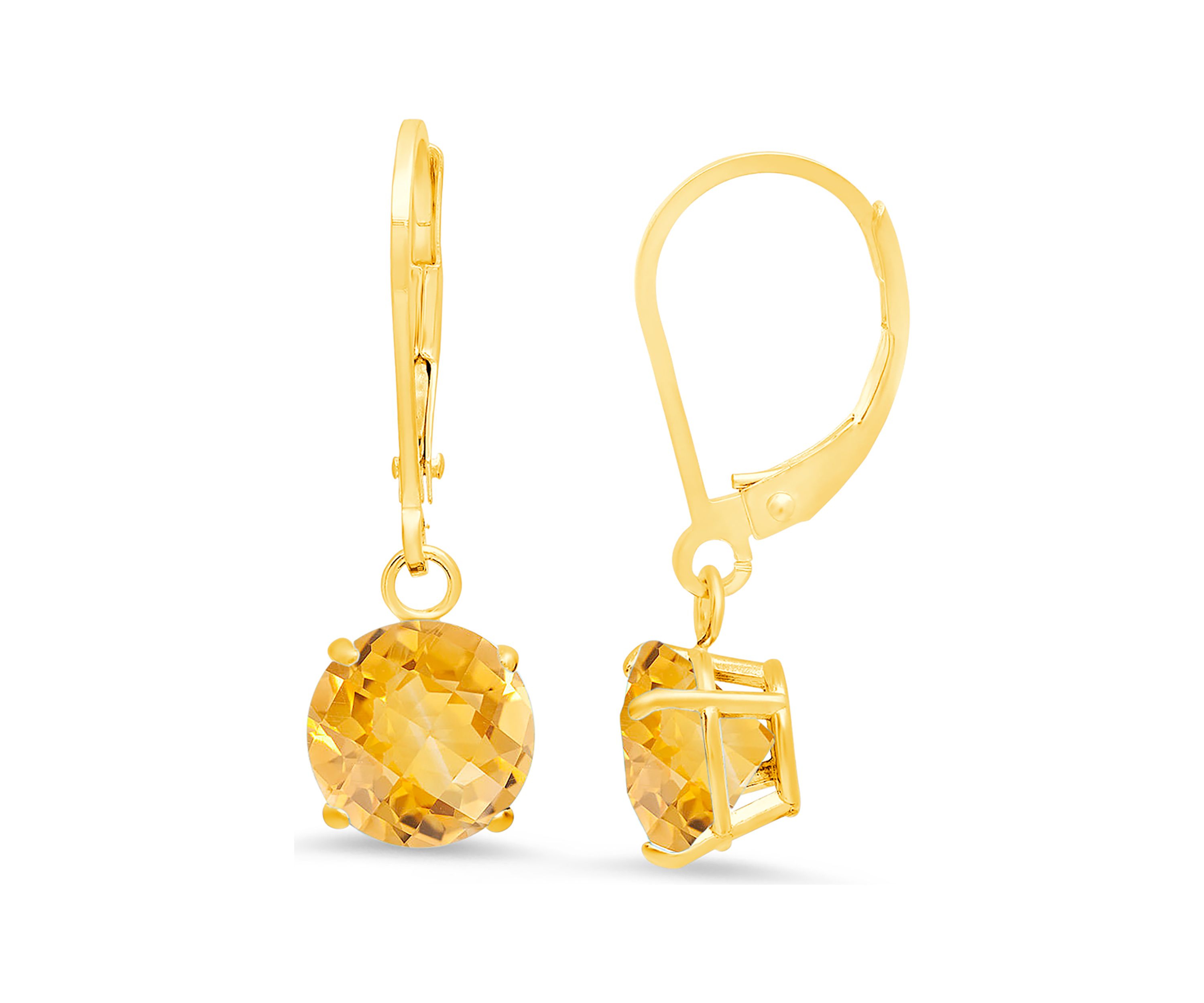 10K Yellow Gold Round Checkerboard Cut Citrine Leverback Earrings 