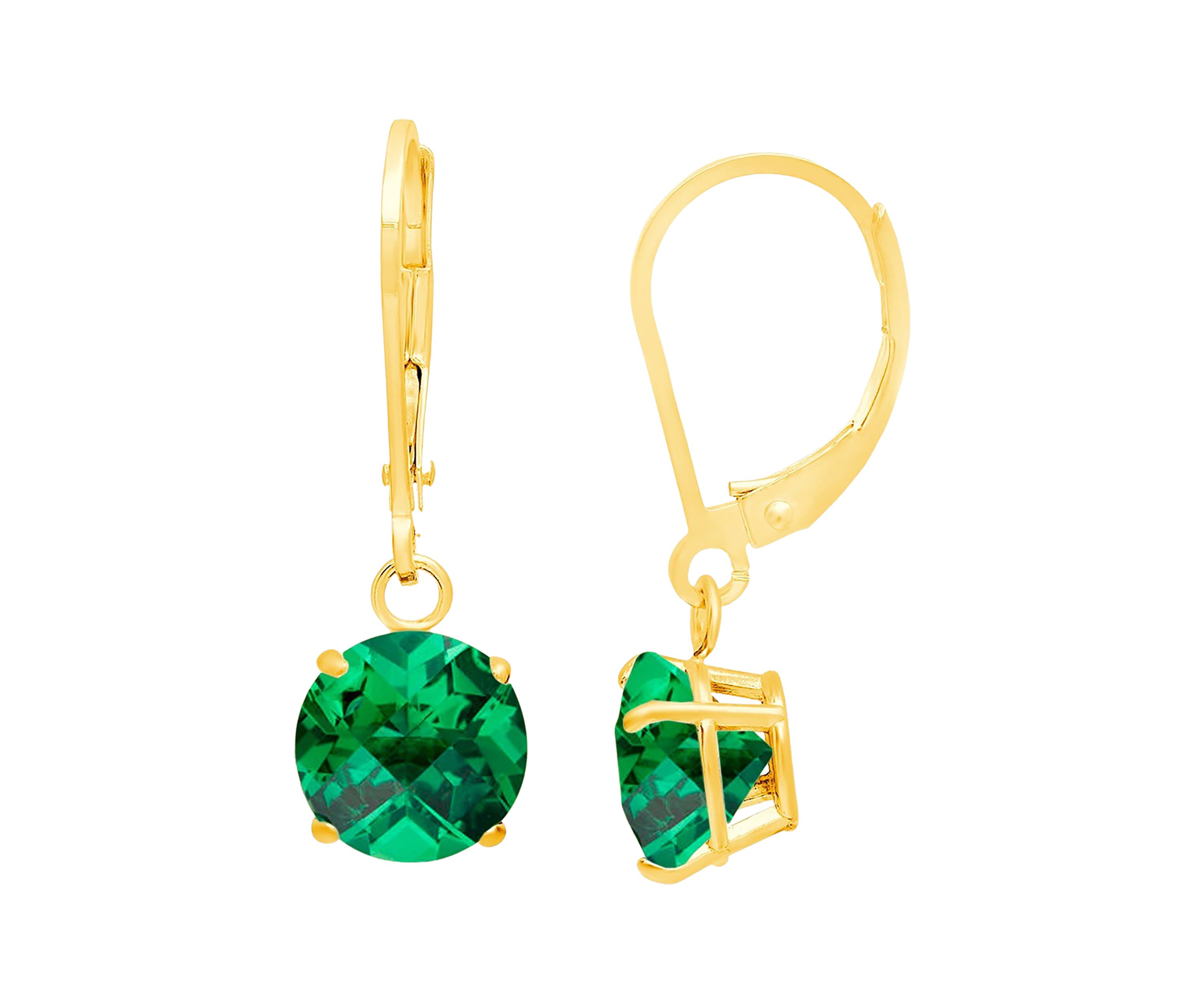 10K Yellow Gold Round Checkerboard-Cut 2.9 ct. t.w. Lab Created Emerald Lever Back Earrings (8 Millimeter)