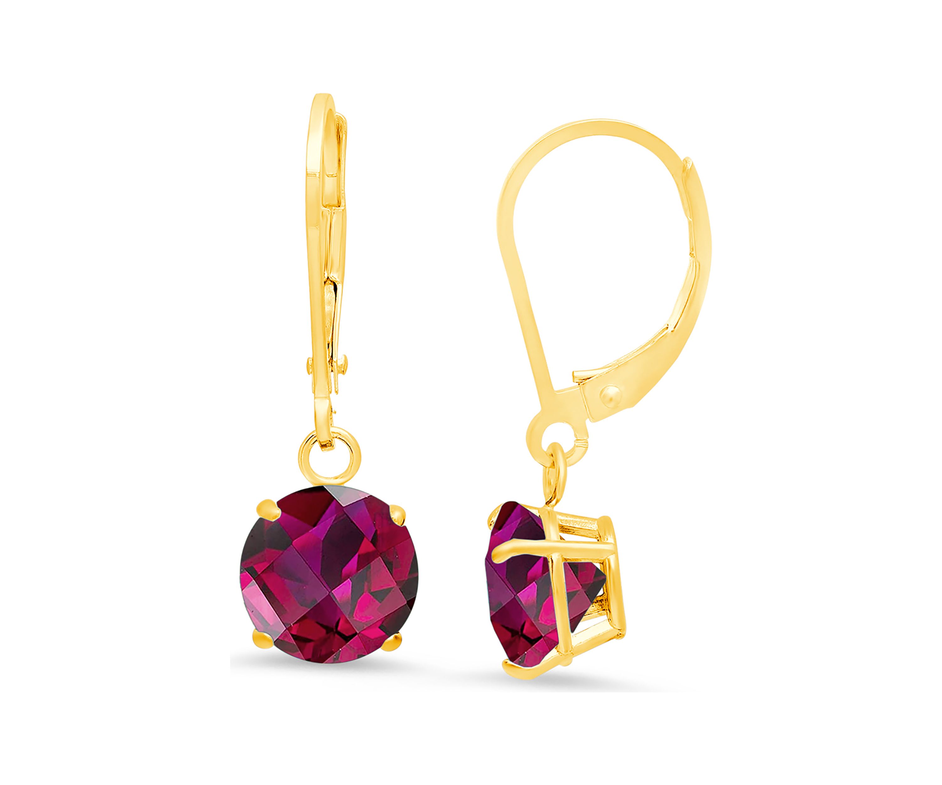 10K Yellow Gold Round Checkerboard Cut Created Ruby Leverback Earrings 