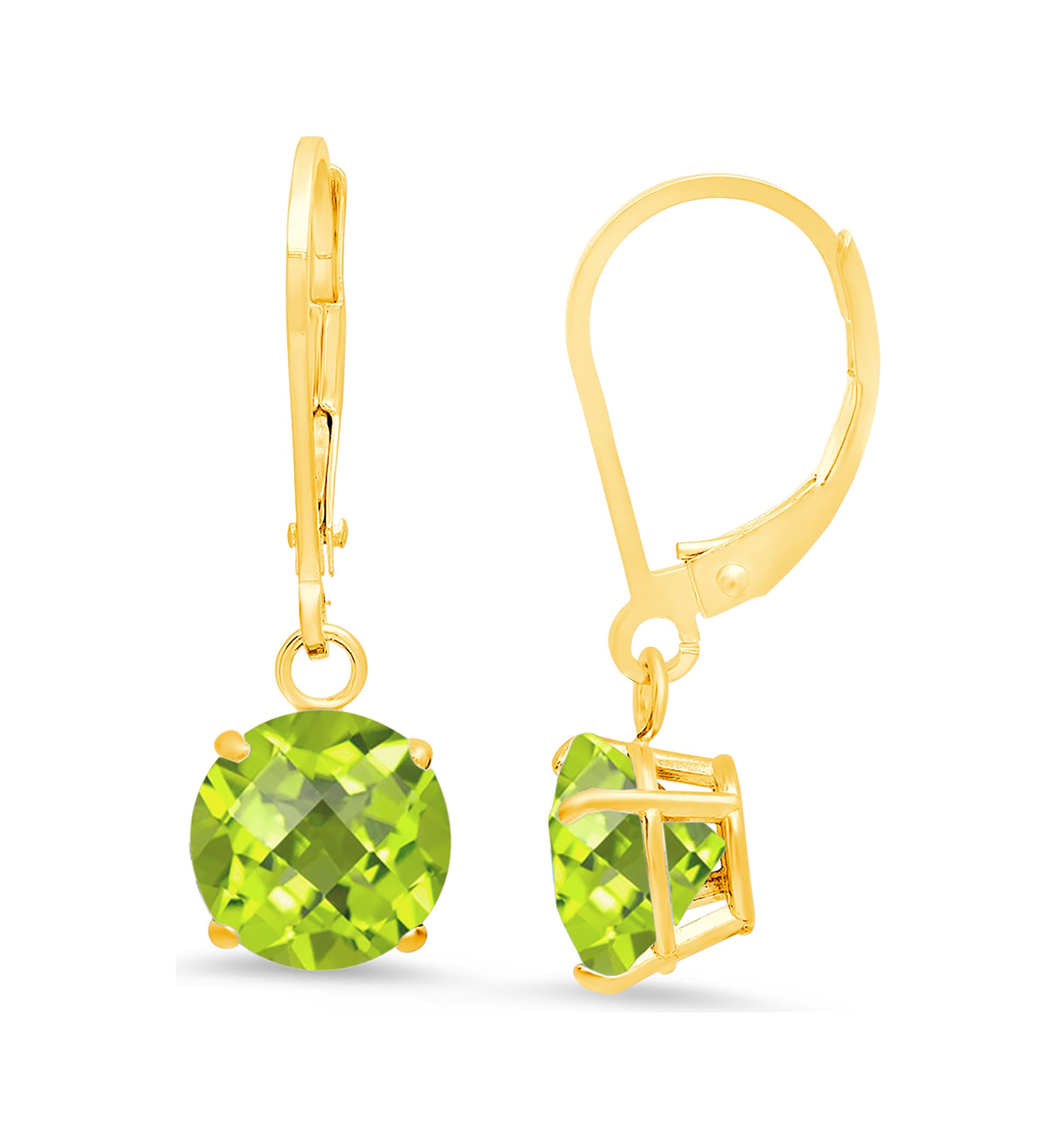 10K Yellow Gold Round Checkerboard Cut Peridot Leverback Earrings 