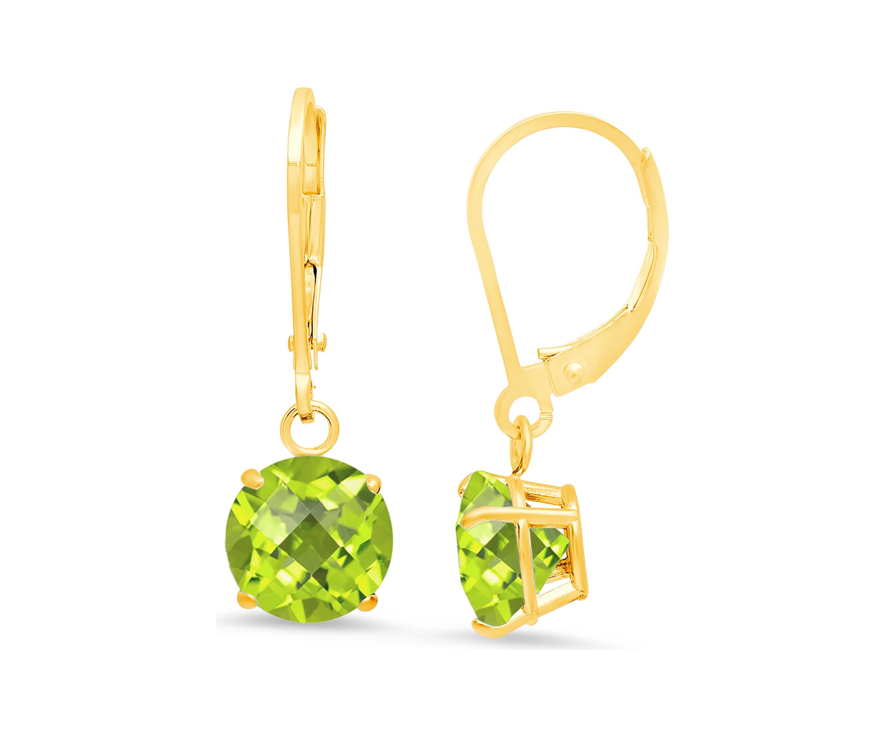 10K Yellow Gold Round Checkerboard Cut Peridot Leverback Earrings 