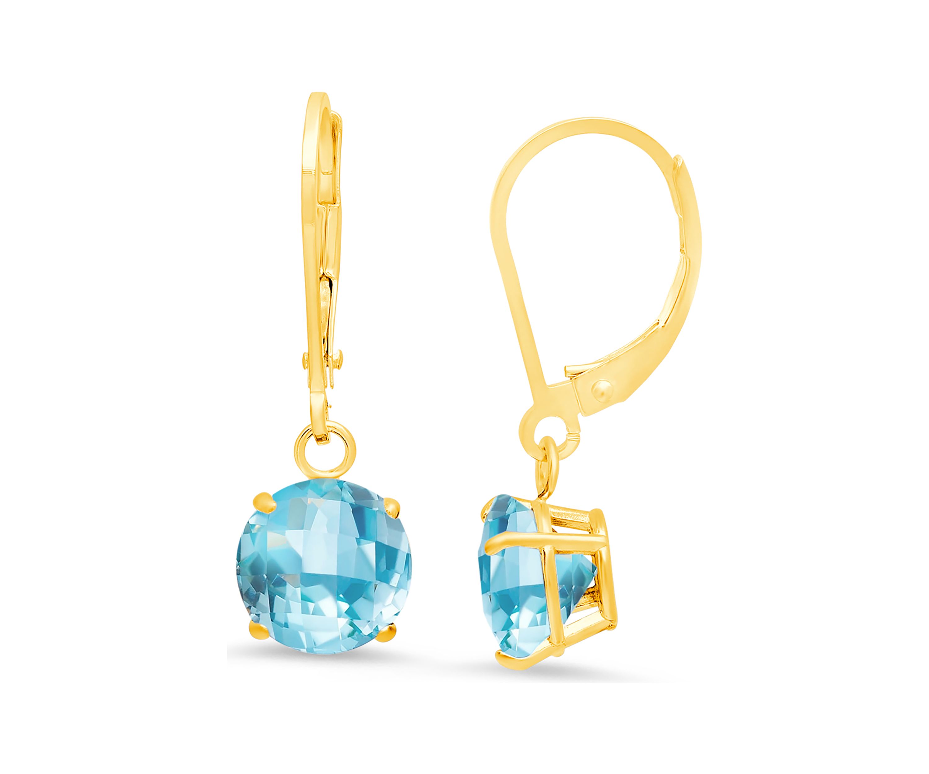 10K Yellow Gold Round Checkerboard-Cut 4.1 ct. t.w. Swiss Blue Topaz Lever Back Earrings (8 Millimeter)