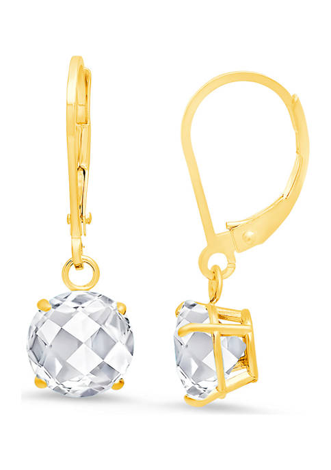 10K Yellow Gold Round Checkerboard Cut White Topaz Leverback Earrings