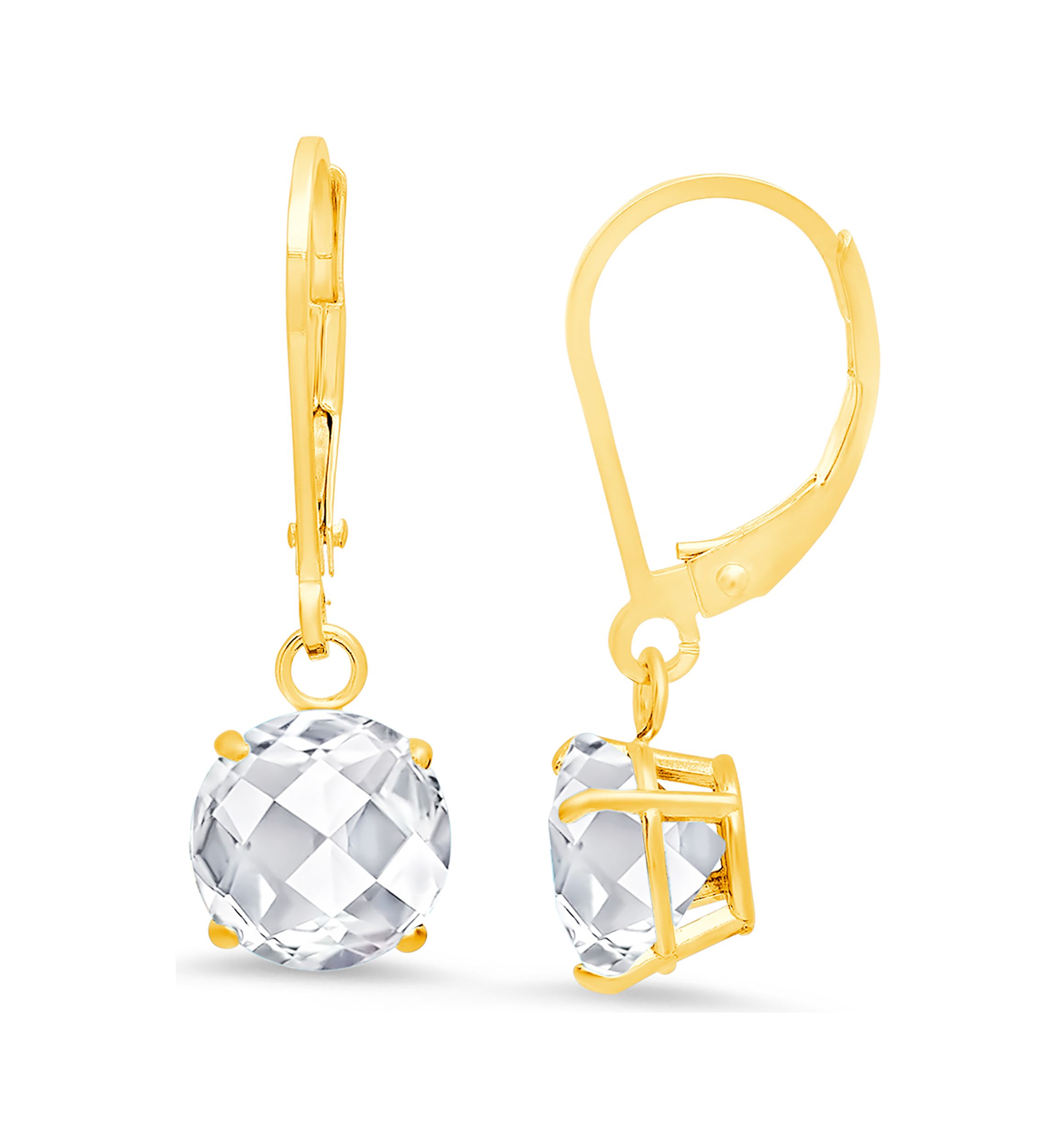 10K Yellow Gold Round Checkerboard Cut White Topaz Leverback Earrings