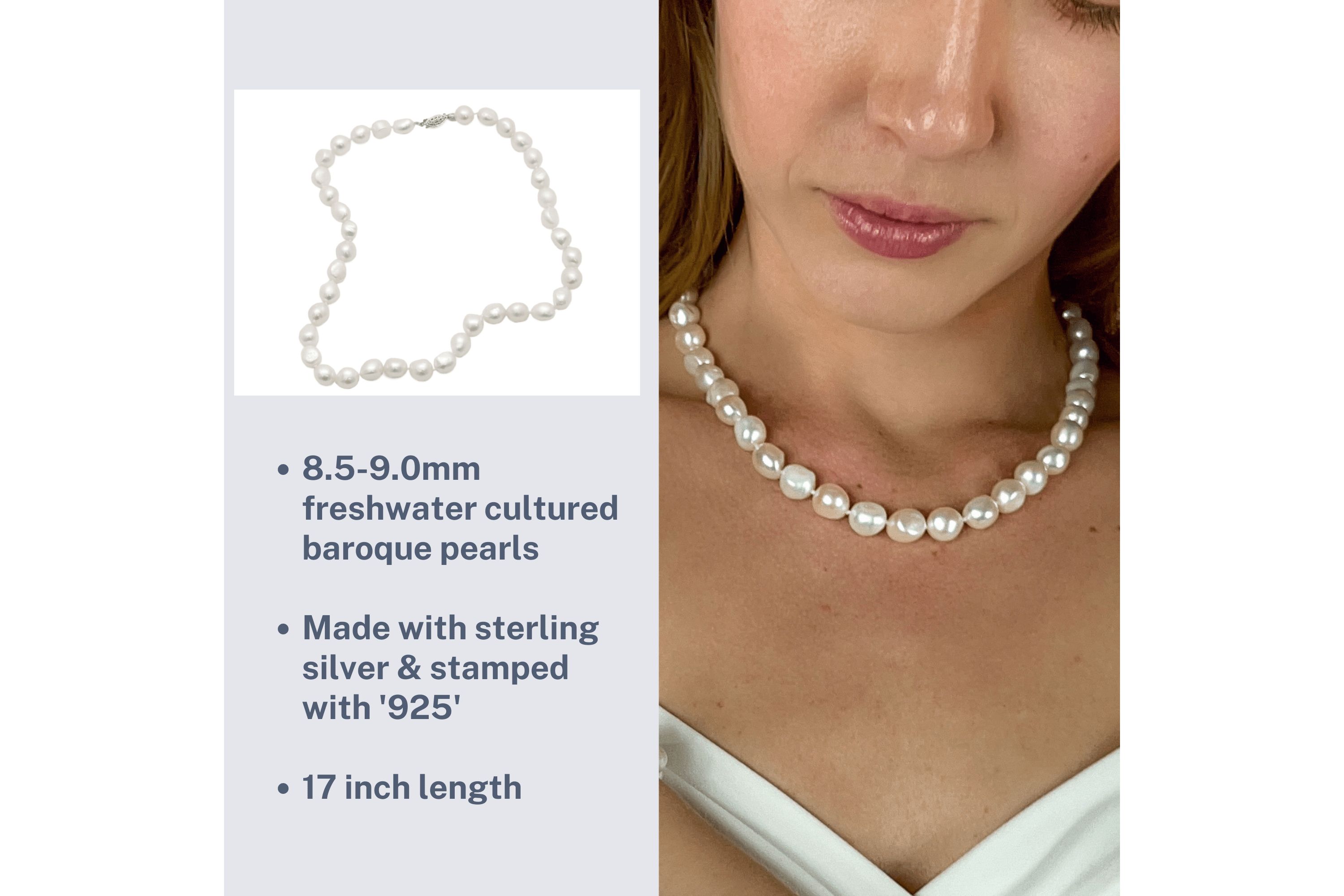 Sterling Silver Freshwater Pearl Baroque Shaped Cultured Necklace