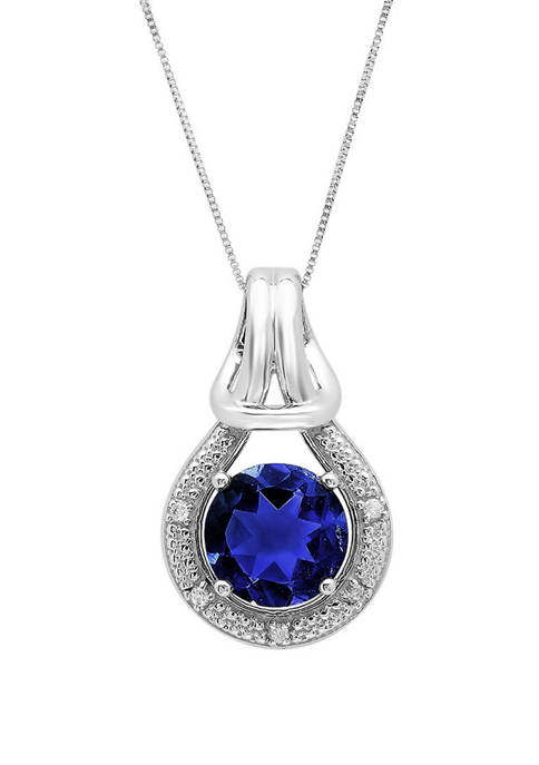 10K White Gold Created Blue Sapphire with Diamond Accent Love Knot Pendant