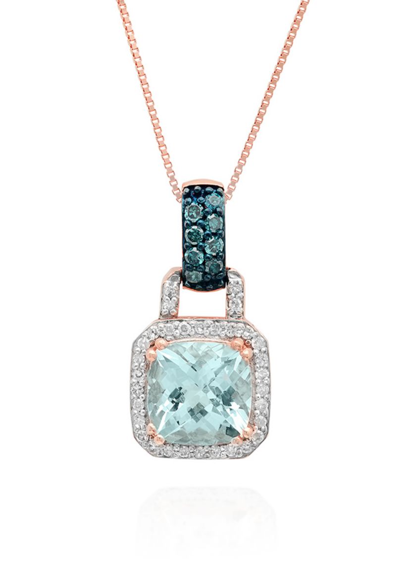 Aquamarine, Blue Diamond, and White Diamond Pendant in 10k Rose Gold