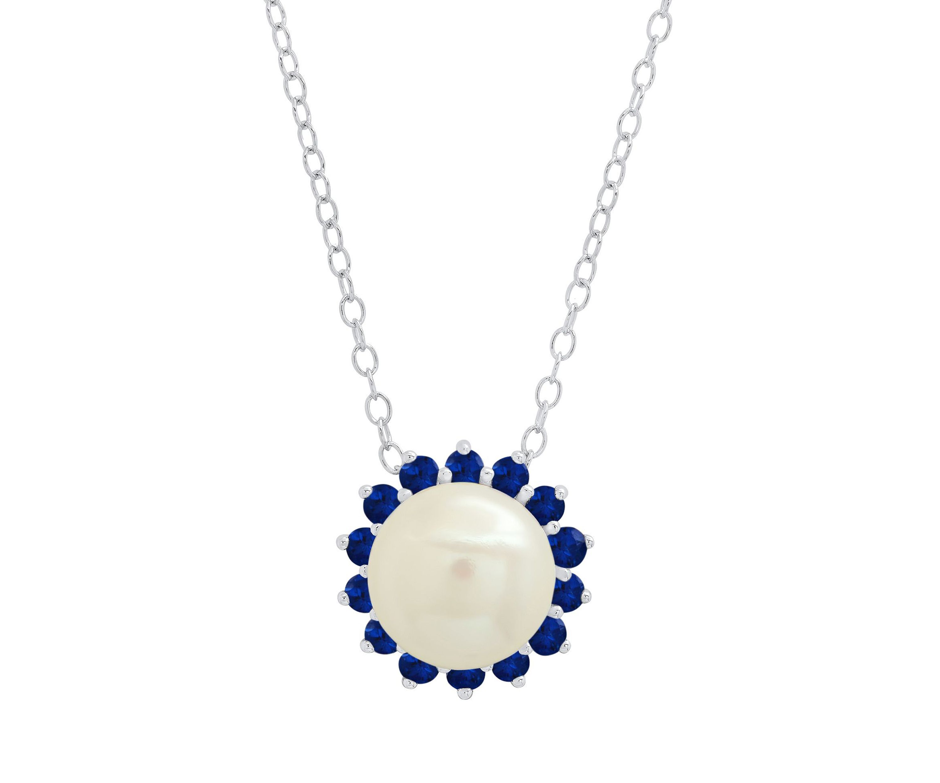 Sterling Silver 9mm Cultured Pearl and Created Blue Sapphire Gemstone Pendant with Cable Chain