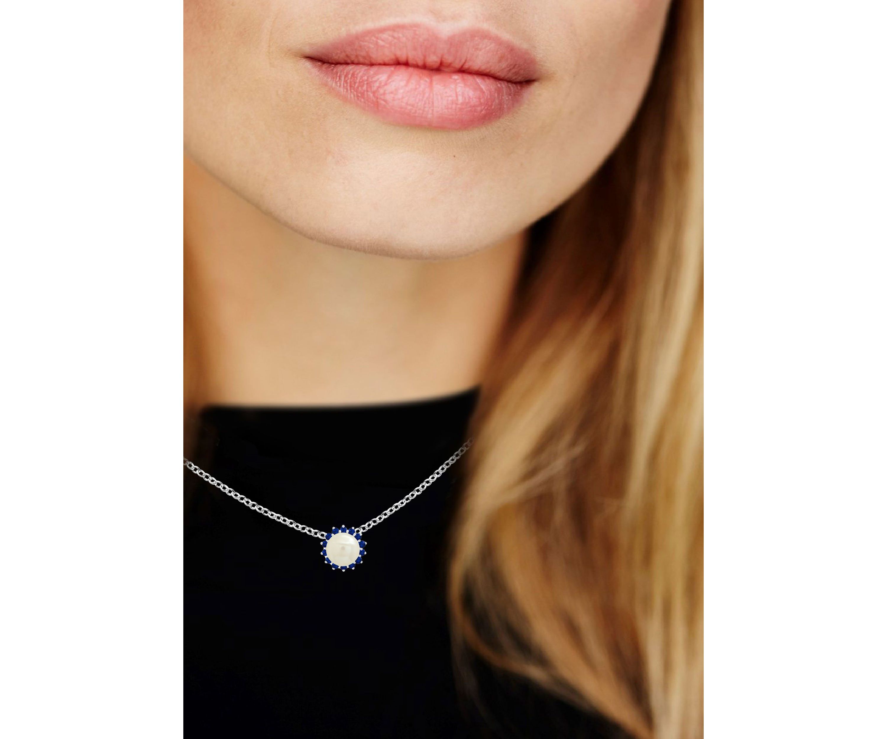 Sterling Silver 9mm Cultured Pearl and Created Blue Sapphire Gemstone Pendant with Cable Chain