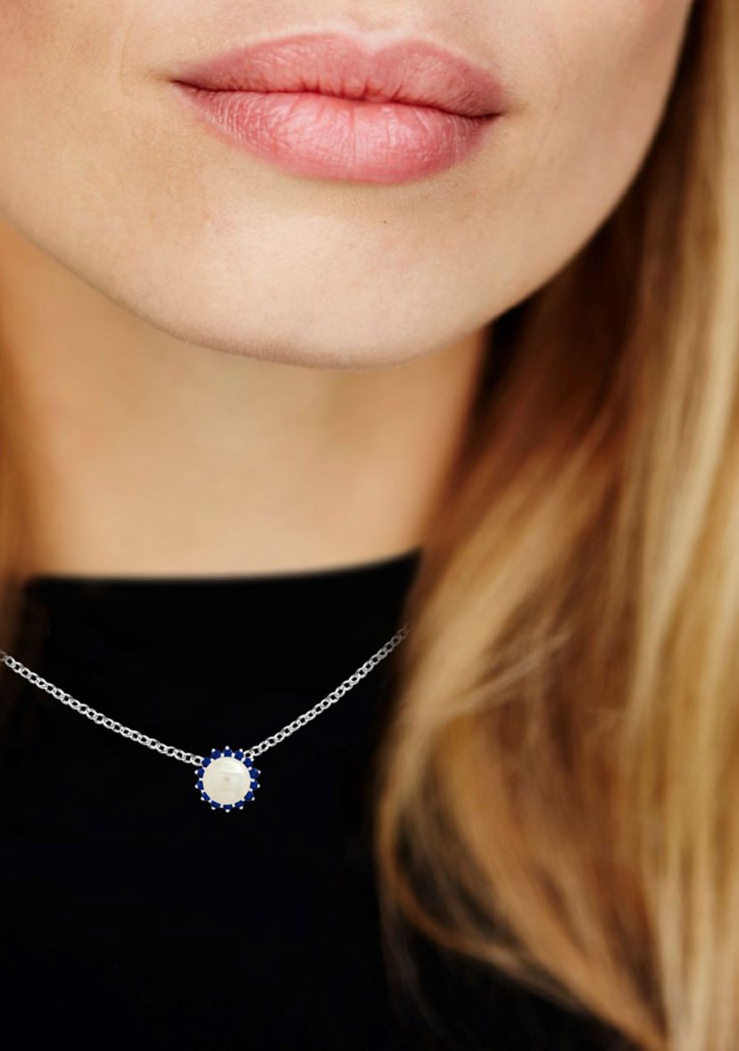 Sterling Silver 9mm Cultured Pearl and Created Blue Sapphire Gemstone Pendant with Cable Chain