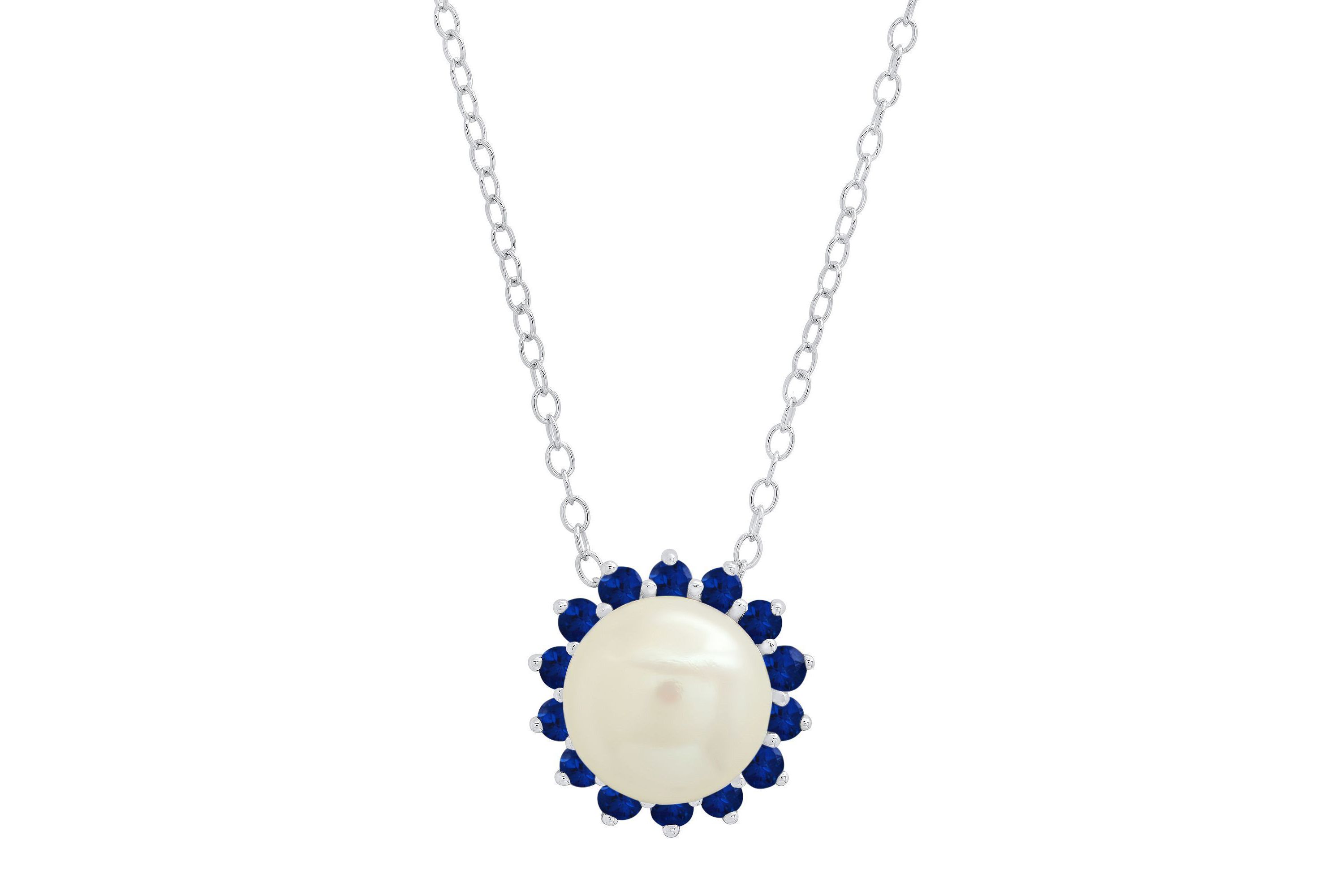 Sterling Silver 9mm Cultured Pearl and Created Blue Sapphire Gemstone Pendant with Cable Chain