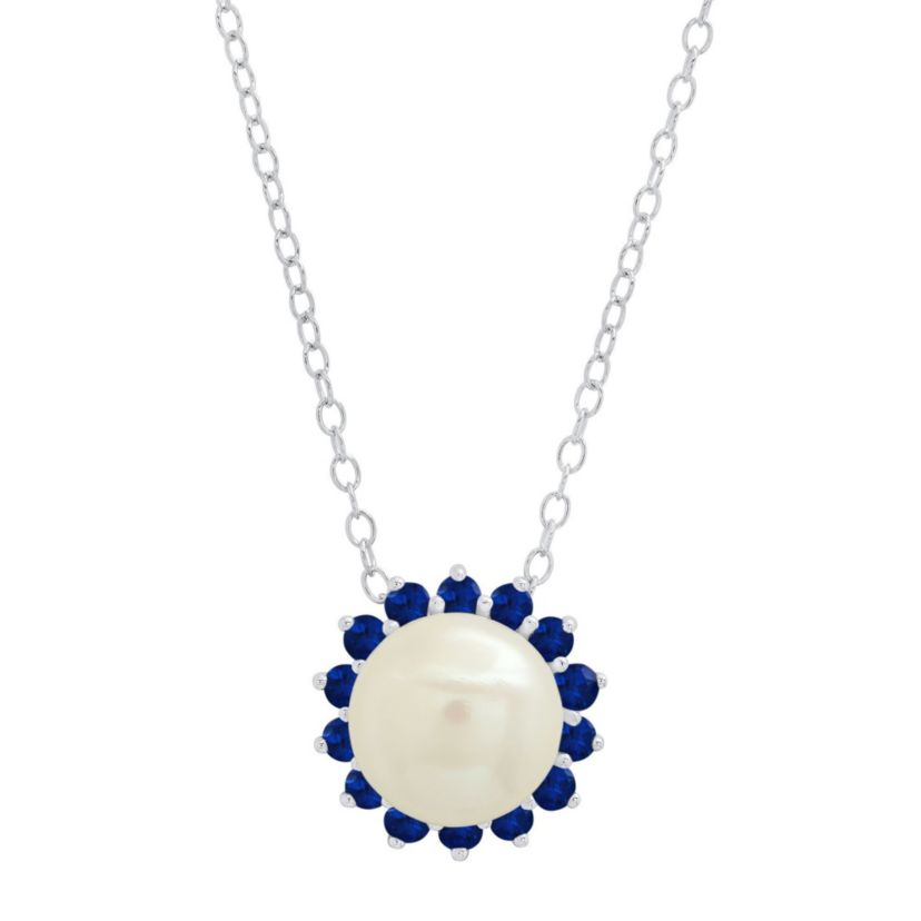 Sterling Silver 9mm Cultured Pearl and Created Blue Sapphire Gemstone Pendant with Cable Chain