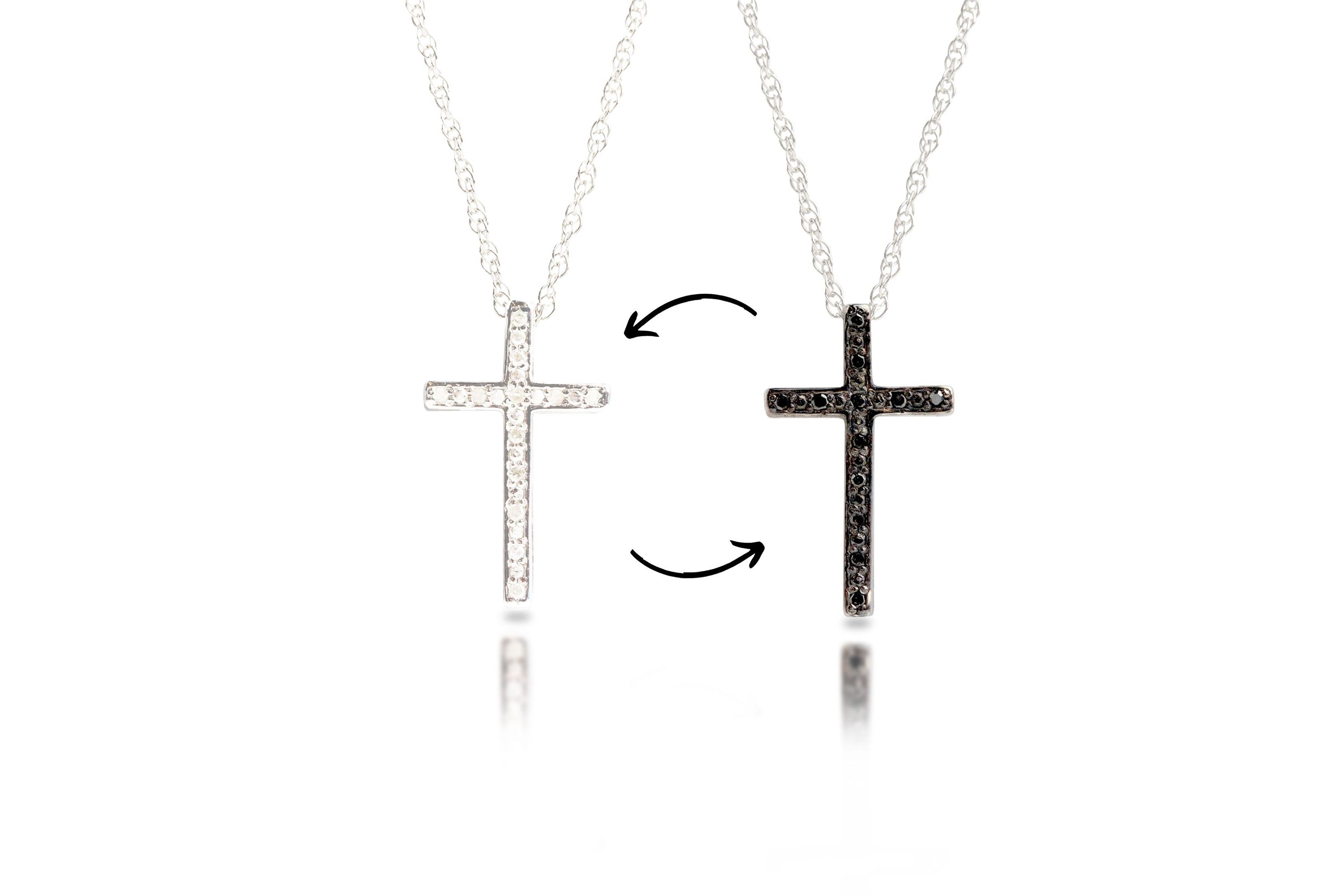 Sterling Silver Diamond Reversible White & Black Diamond Cross Necklace with Adjustable 18” or 20” Rope Chain