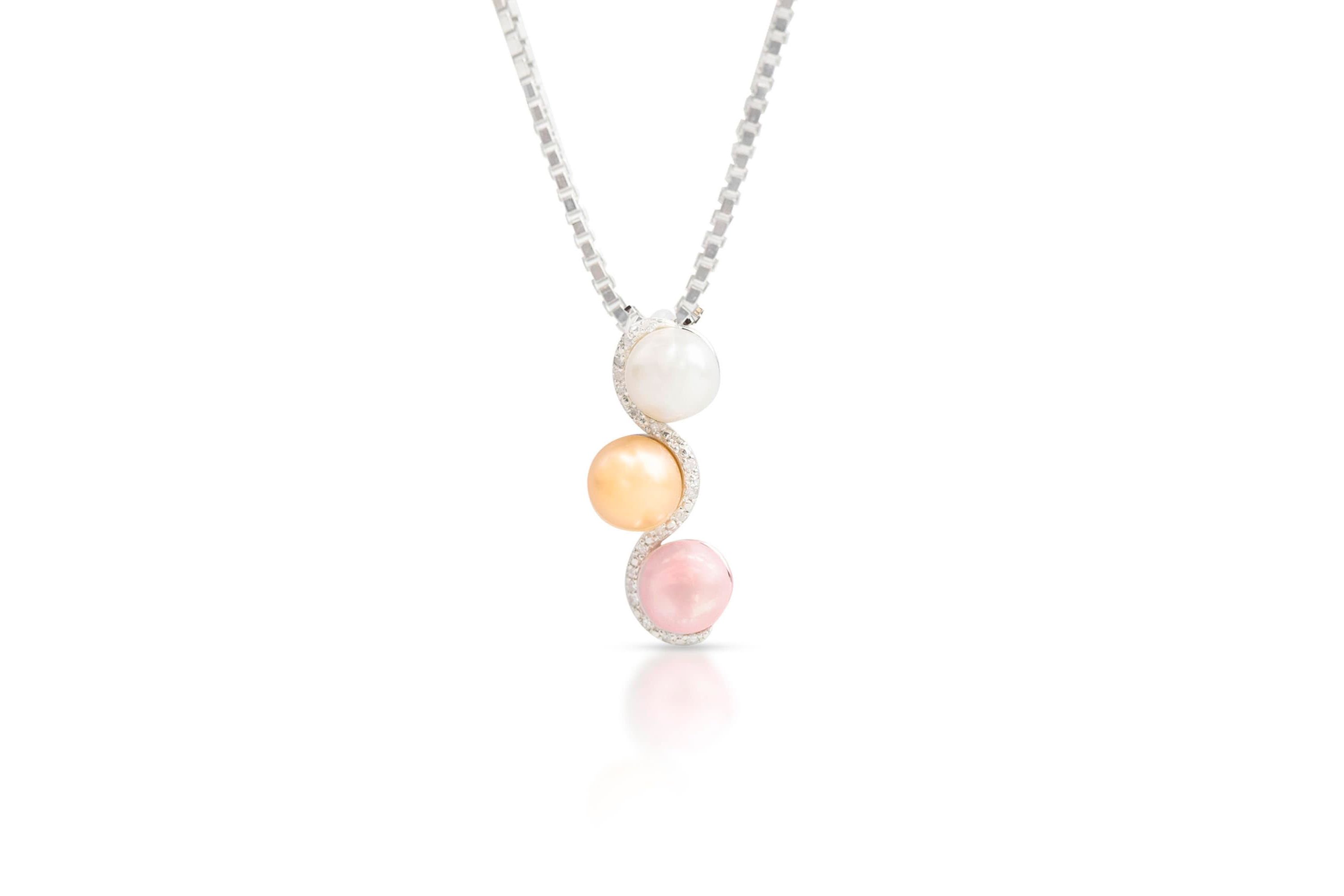 Sterling Silver Multi Color Freshwater Pearl Necklace with Diamond Accents