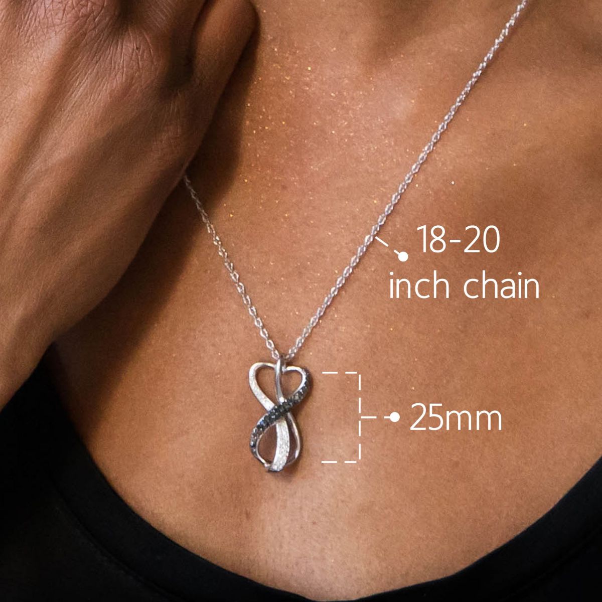 Sterling Silver 0.2 Carat White & Black Diamond Infinity Heart Necklace with Adjustable 18”-20” Rope Chain