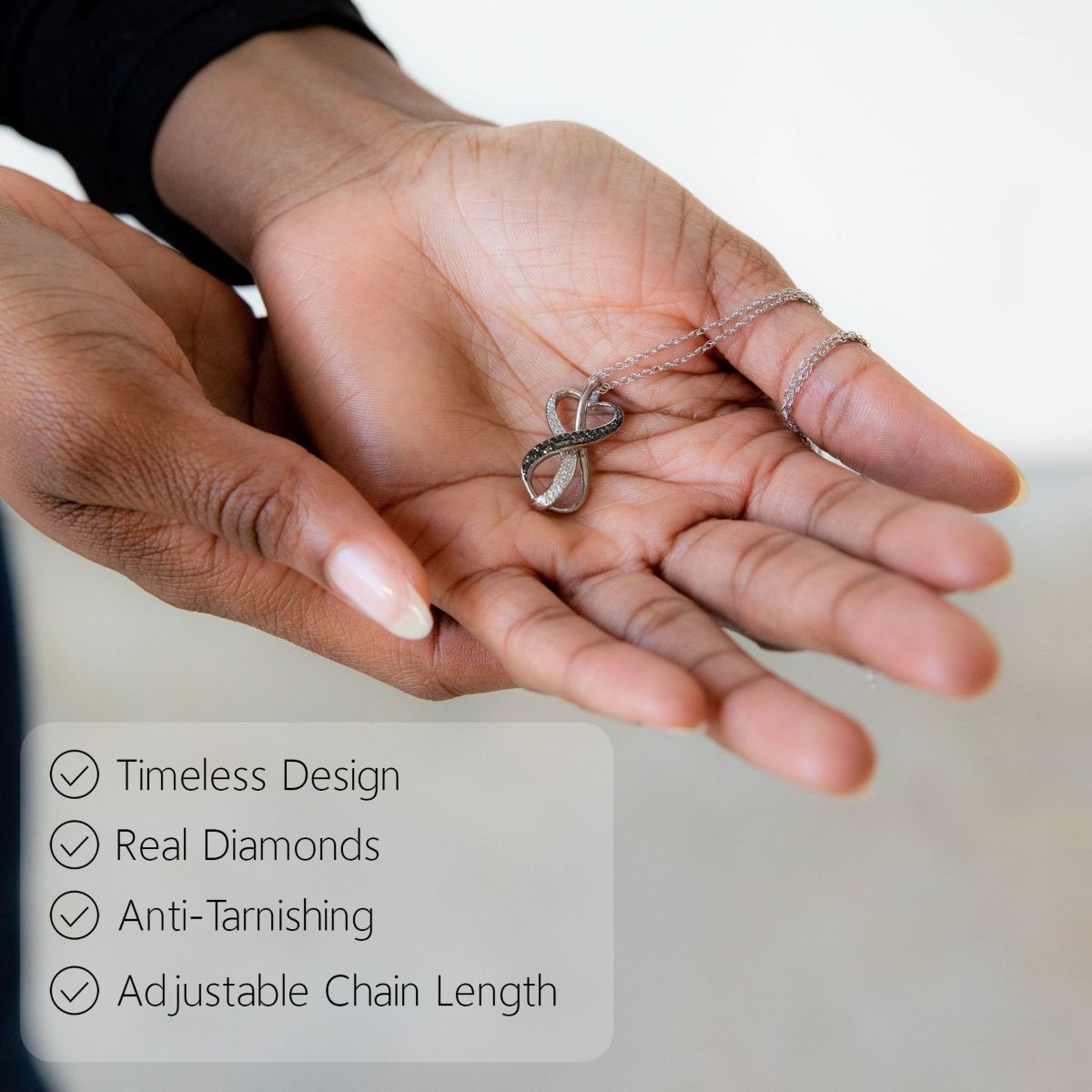 Sterling Silver 0.2 Carat White & Black Diamond Infinity Heart Necklace with Adjustable 18”-20” Rope Chain