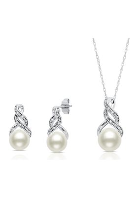 Belk & Co Sterling Silver Cultured Freshwater Pearl And Diamond Accent Pendant Necklace And Drop Earring Jewelry Set