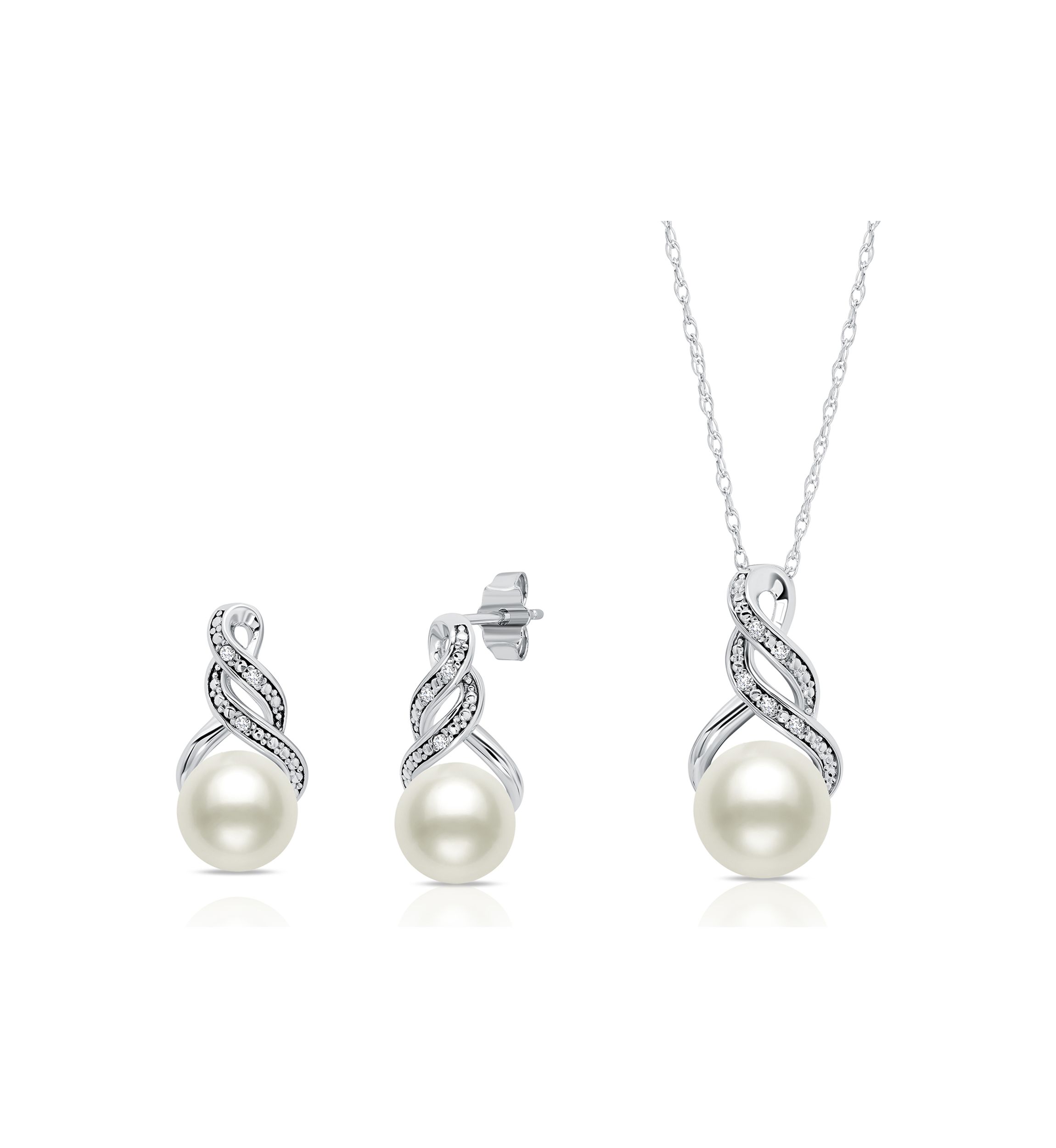 Sterling Silver Cultured Freshwater Pearl and Diamond Accent Pendant Necklace and Drop Earring Jewelry Set