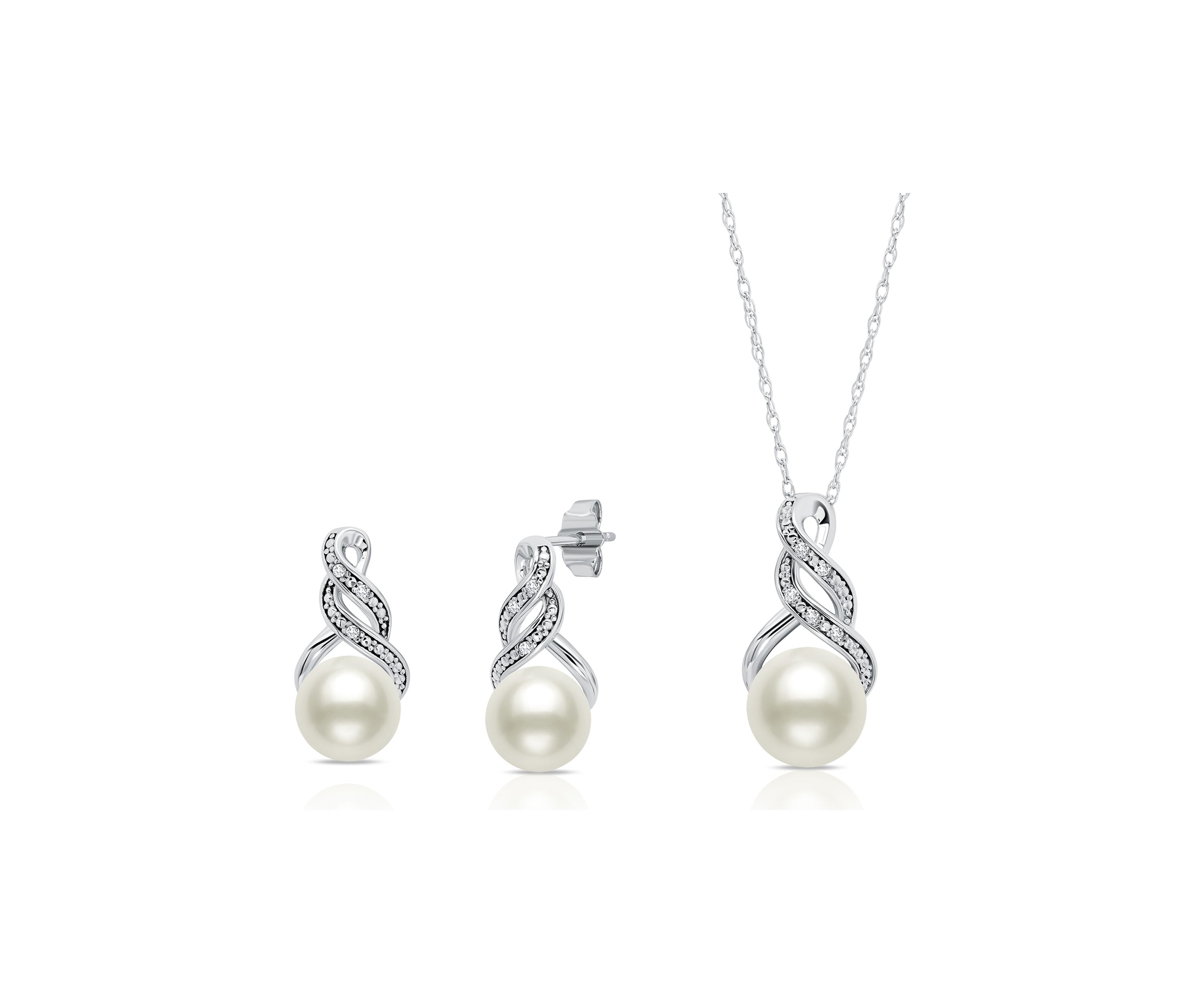 Sterling Silver Cultured Freshwater Pearl and Diamond Accent Pendant Necklace and Drop Earring Jewelry Set