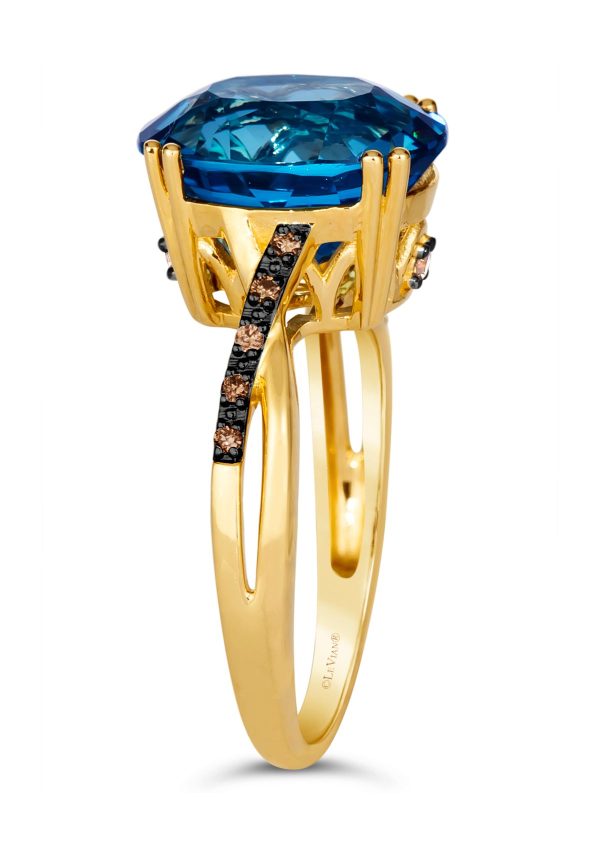 5 ct. t.w. Deep Sea Blue Topaz™, Nude Diamonds™, 1/20 ct. t.w. Chocolate Diamonds® Ring in 14K Honey Gold™