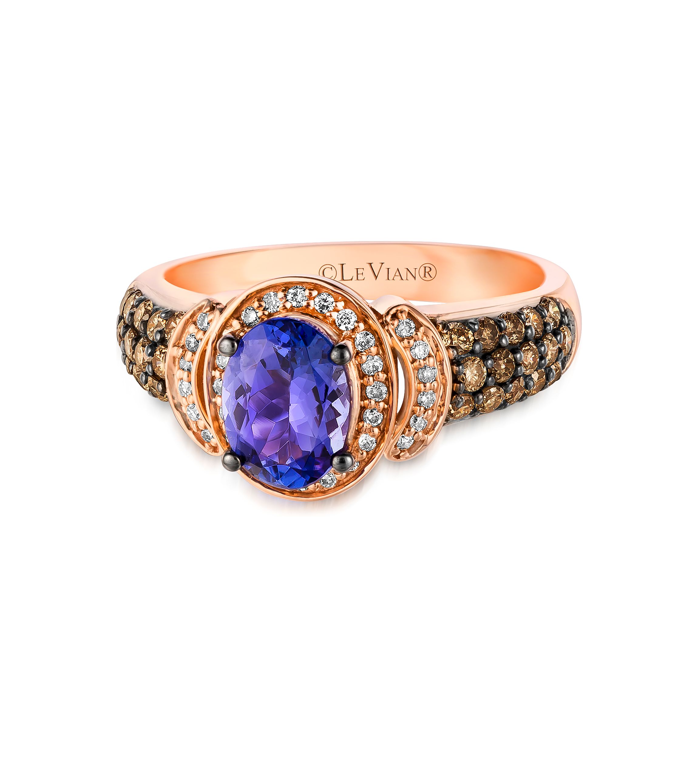 Chocolatier® Ring featuring 1 ct. t.w. Blueberry Tanzanite®, 1/2 ct. t.w. Chocolate Diamonds®, and 1/8 ct. t.w. Vanilla Diamonds®  in 14K Strawberry Gold®