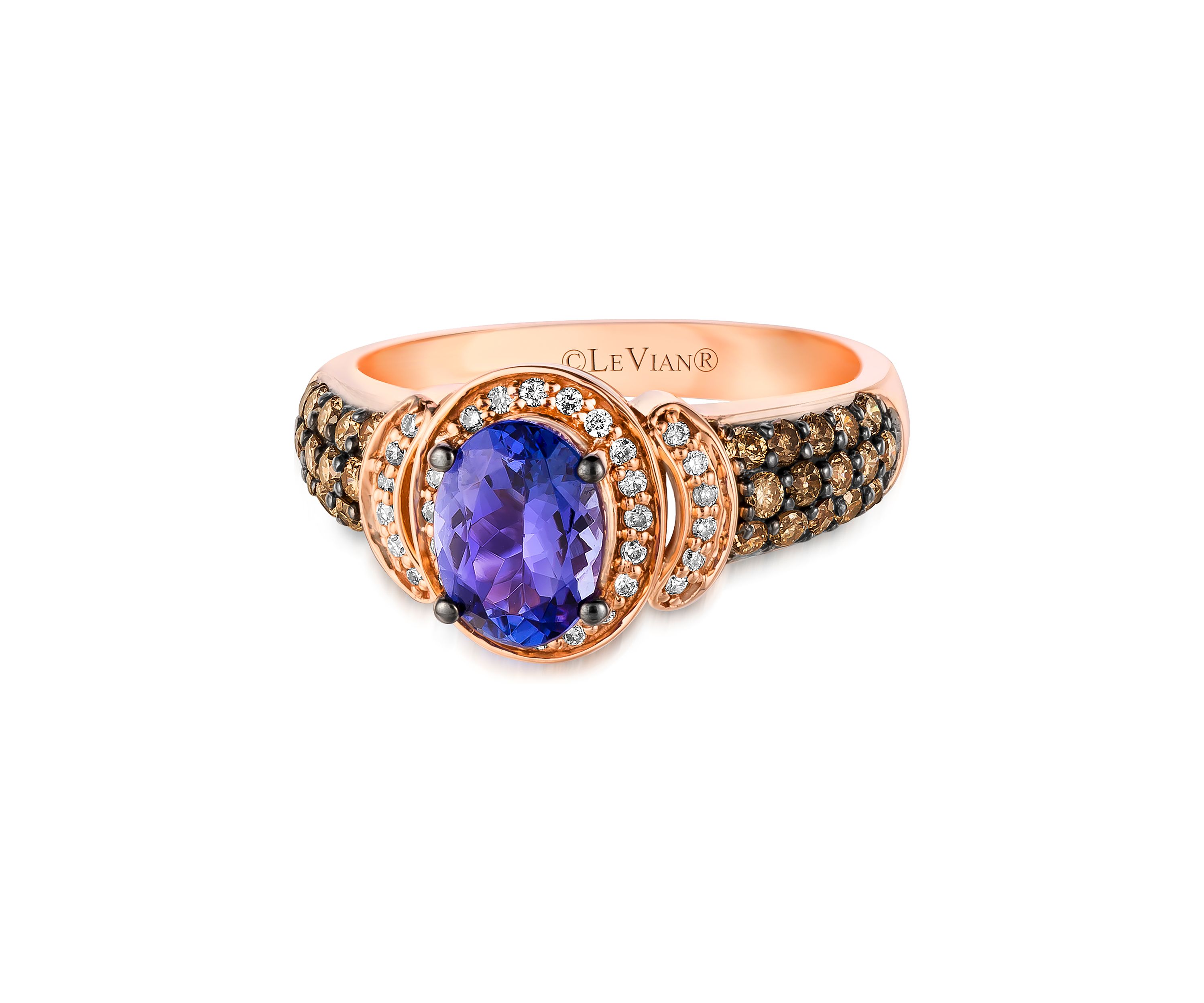 Chocolatier® Ring featuring 1 ct. t.w. Blueberry Tanzanite®, 1/2 ct. t.w. Chocolate Diamonds®, and 1/8 ct. t.w. Vanilla Diamonds®  in 14K Strawberry Gold®
