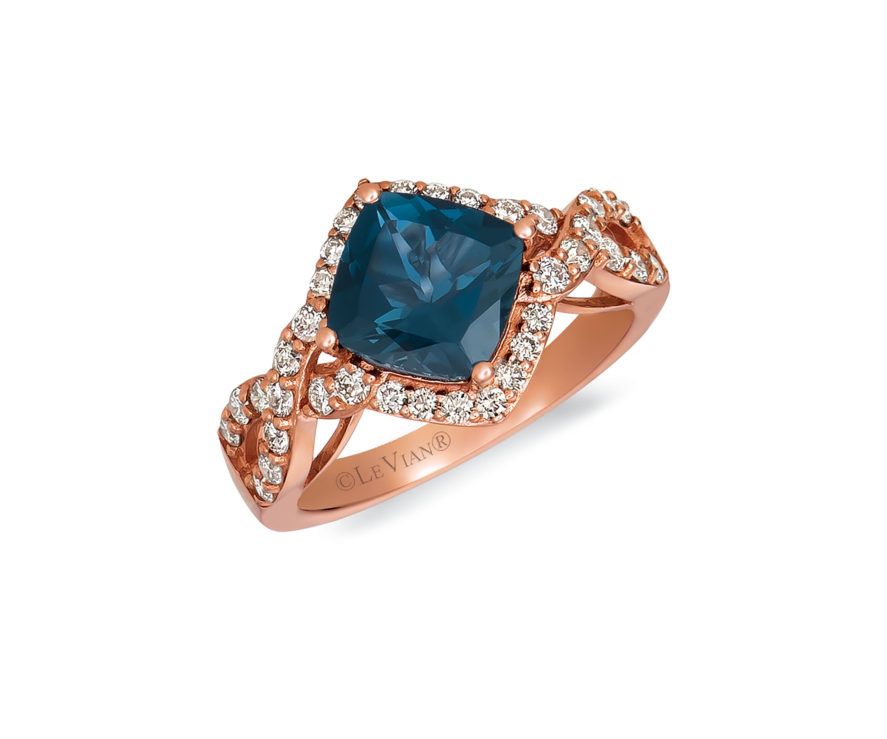 2.2 ct. t.w. Deep Sea Blue Topaz™, 1/2 ct. tw. Nude Diamonds™ Ring in 14K Strawberry Gold®