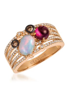 Chocolatier® Ring features 5/8 ct. t.w. Raspberry Rhodolite®, 1/2 ct. t.w. Neopolitan Opal™, 1/10 ct. t.w. Chocolate Diamonds® and 1/3 ct. t.w. Vanilla Diamonds® in 14K Strawberry Gold®