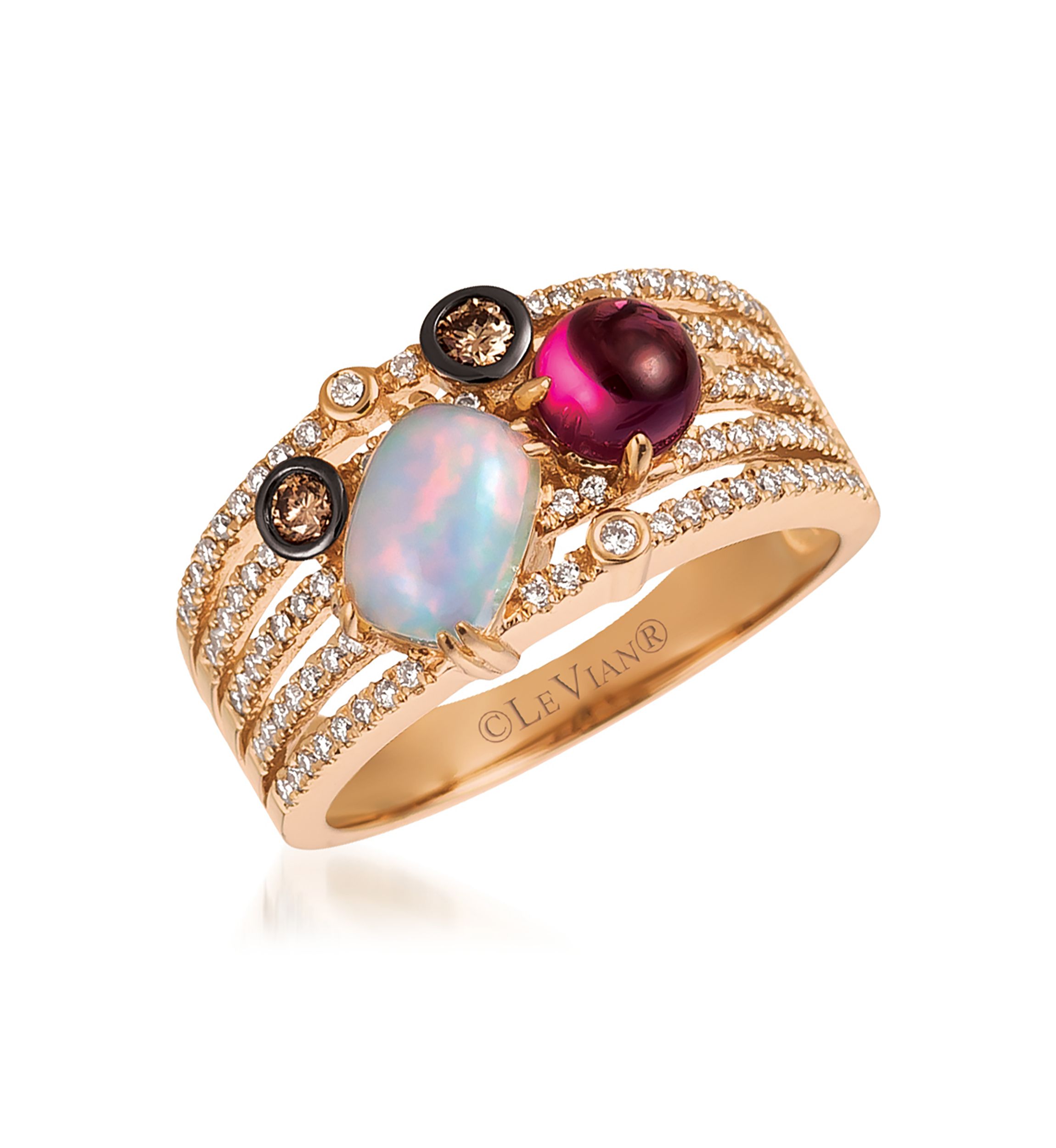 Chocolatier® Ring features 5/8 ct. t.w. Raspberry Rhodolite®, 1/2 ct. t.w. Neopolitan Opal™, 1/10 ct. t.w. Chocolate Diamonds® and 1/3 ct. t.w. Vanilla Diamonds® in 14K Strawberry Gold®