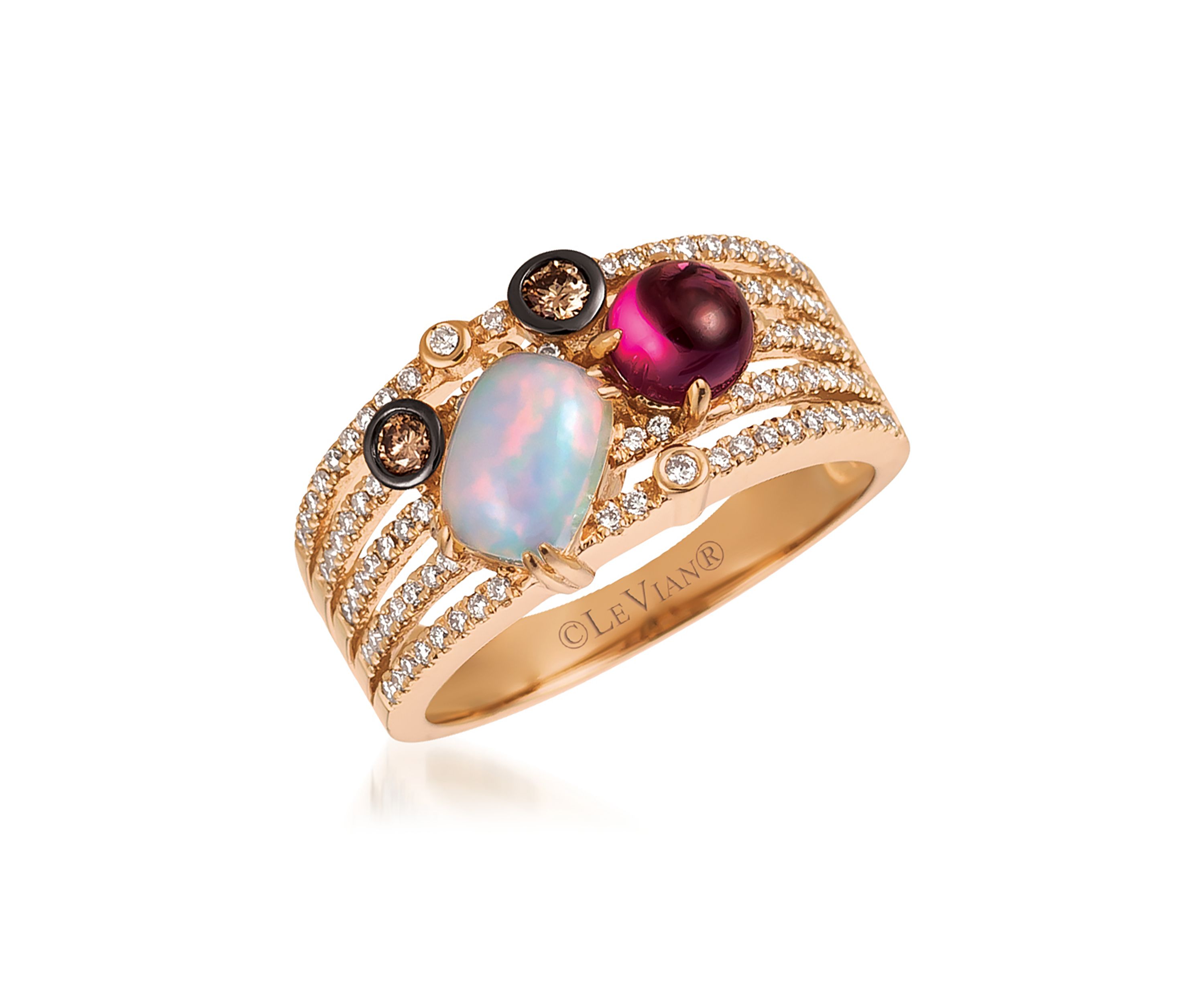 Chocolatier® Ring features 5/8 ct. t.w. Raspberry Rhodolite®, 1/2 ct. t.w. Neopolitan Opal™, 1/10 ct. t.w. Chocolate Diamonds® and 1/3 ct. t.w. Vanilla Diamonds® in 14K Strawberry Gold®