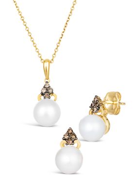 Le Vian 1/5 ct. t.w. Diamond and Freshwater Pearl Pendant Necklace and Earrings Set in 14k Honey Gold