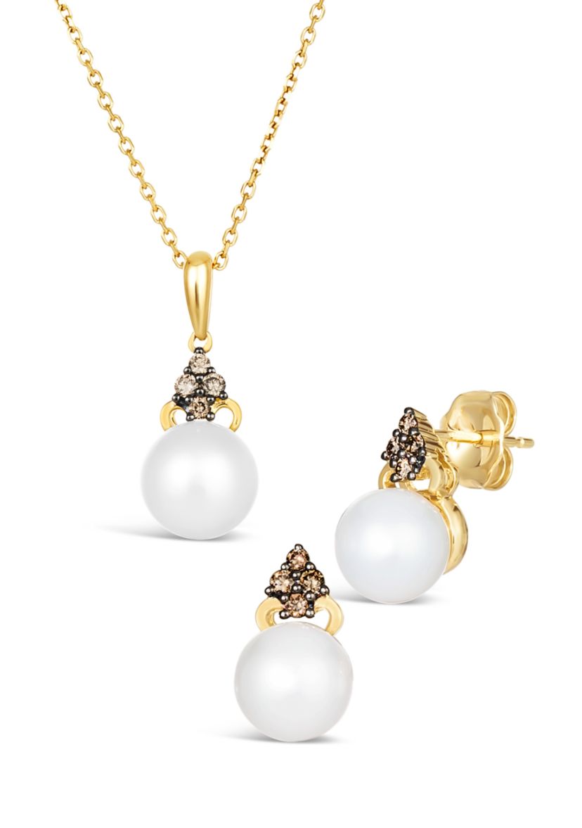 1/5 ct. t.w. Diamond and Freshwater Pearl Pendant Necklace and Earrings Set in 14k Honey Gold™