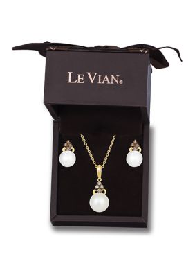 Le Vian® 1/5 ct. . Diamond and Freshwater Pearl Pendant Necklace and Earrings  Set in 14k Honey Gold™ | belk