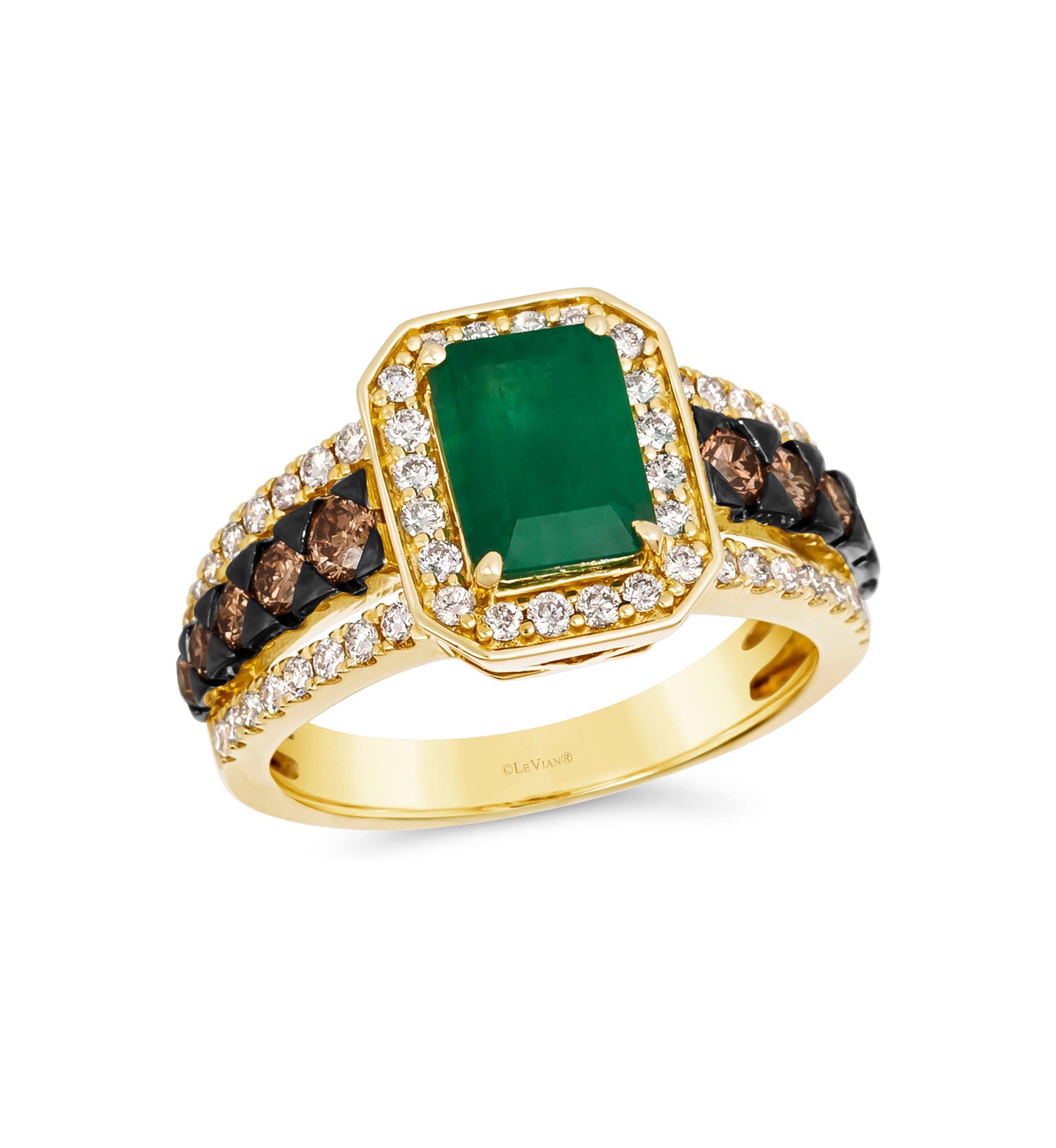 1.5 ct. t.w. Emerald, 1/2 ct. t.w. Chocolate Diamond®, and 1/2 ct. t.w. Nude Diamond™ Creme Brulee® Ring in 14K Honey Gold™