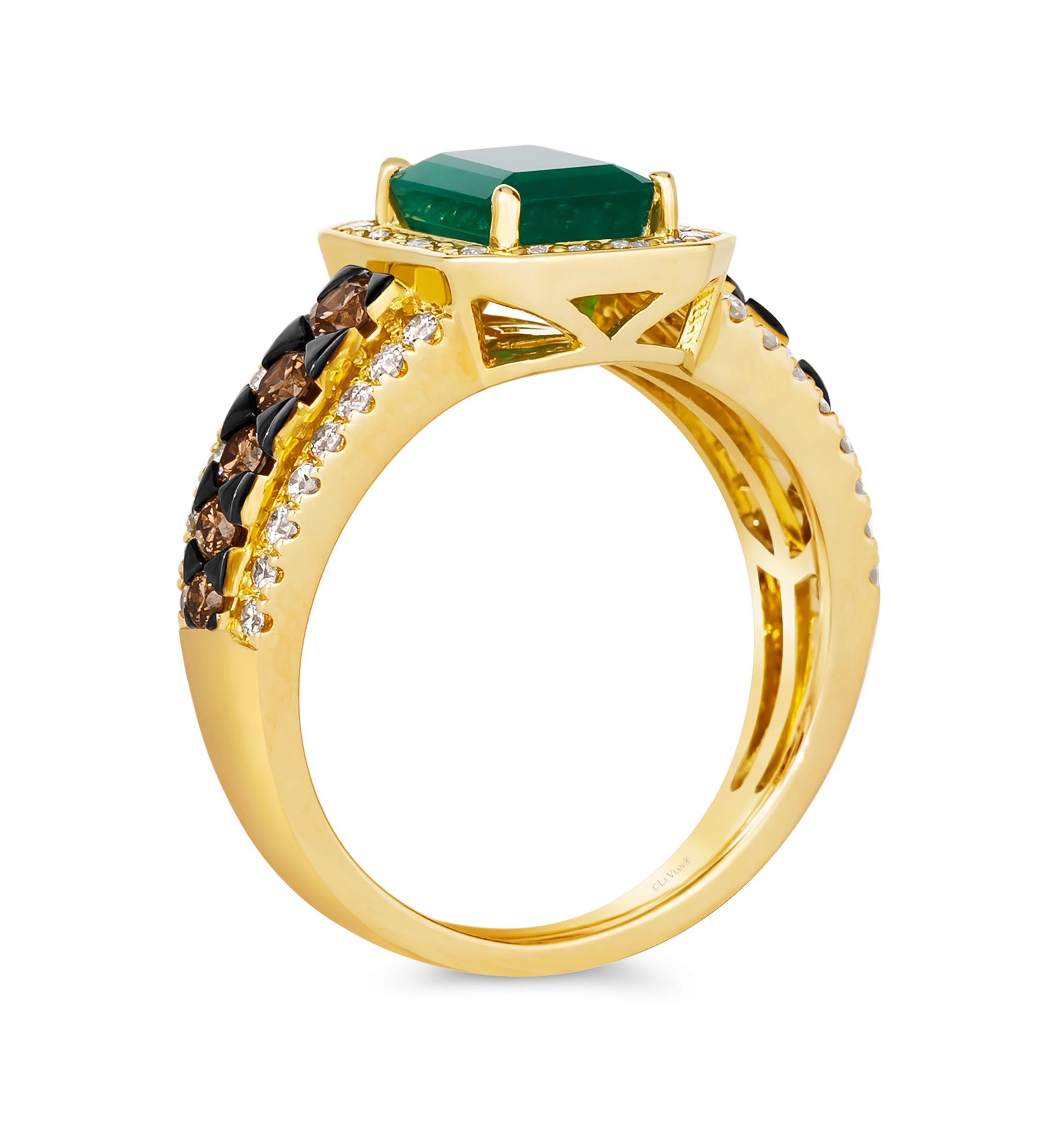 1.5 ct. t.w. Emerald, 1/2 ct. t.w. Chocolate Diamond®, and 1/2 ct. t.w. Nude Diamond™ Creme Brulee® Ring in 14K Honey Gold™