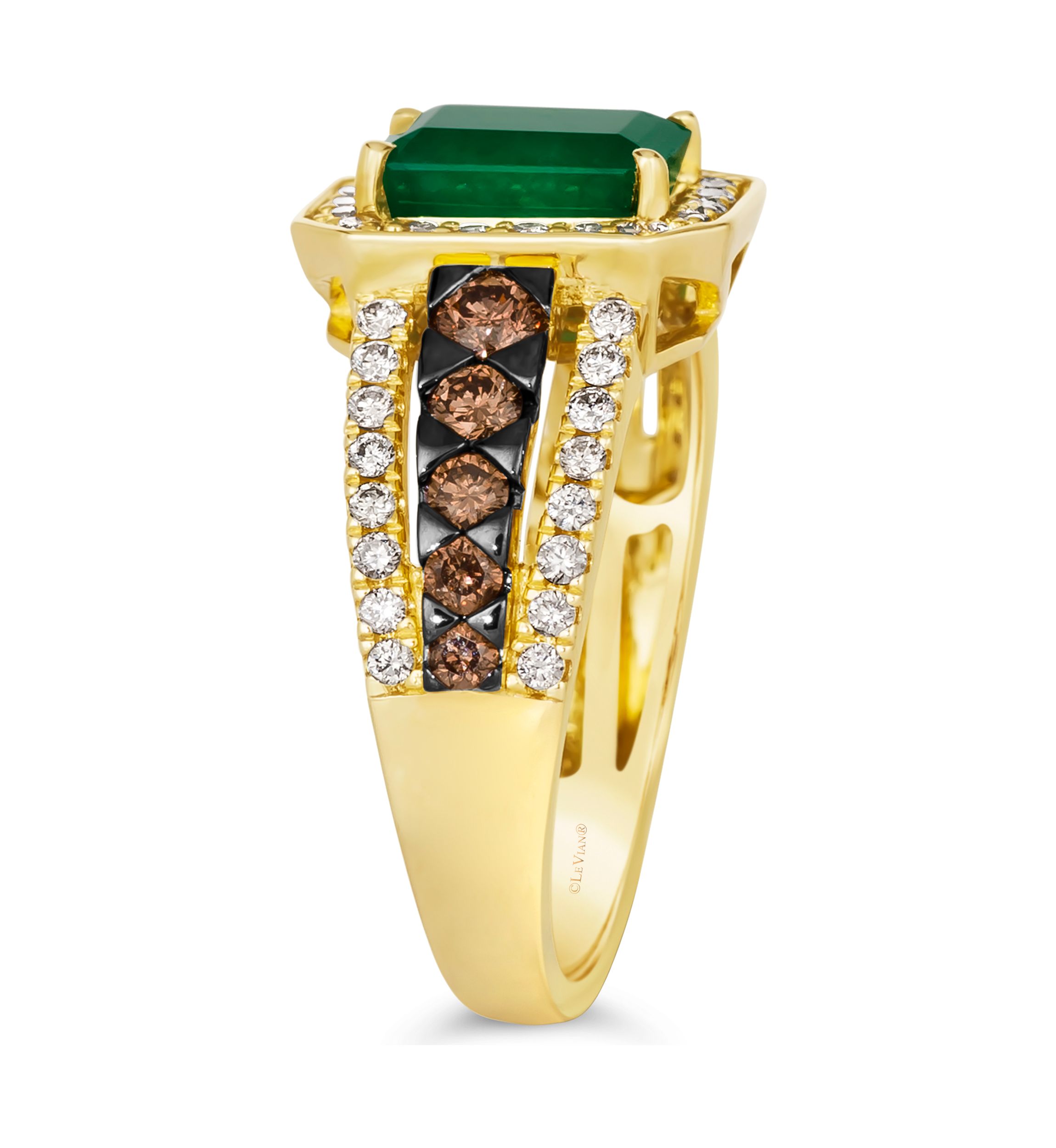 1.5 ct. t.w. Emerald, 1/2 ct. t.w. Chocolate Diamond®, and 1/2 ct. t.w. Nude Diamond™ Creme Brulee® Ring in 14K Honey Gold™