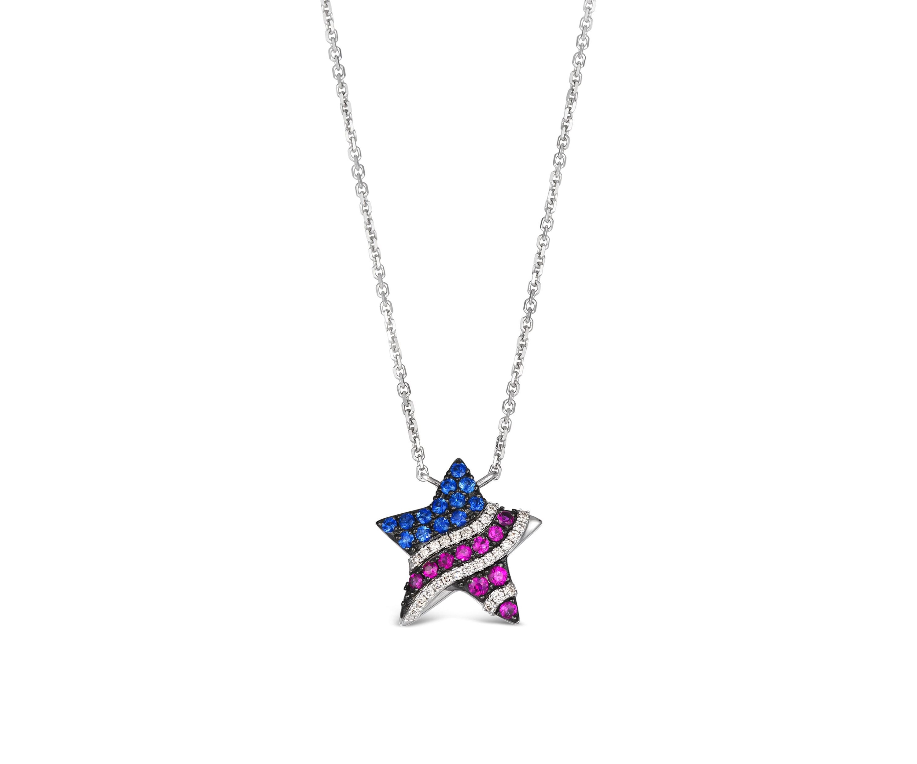 Le Vian® Patriotic Star Necklace featuring 1/5 cts. Passion Ruby™, 1/5 cts. Blueberry Sapphire™, 1/10 cts. Vanilla Diamonds® set in 14K Vanilla Gold®