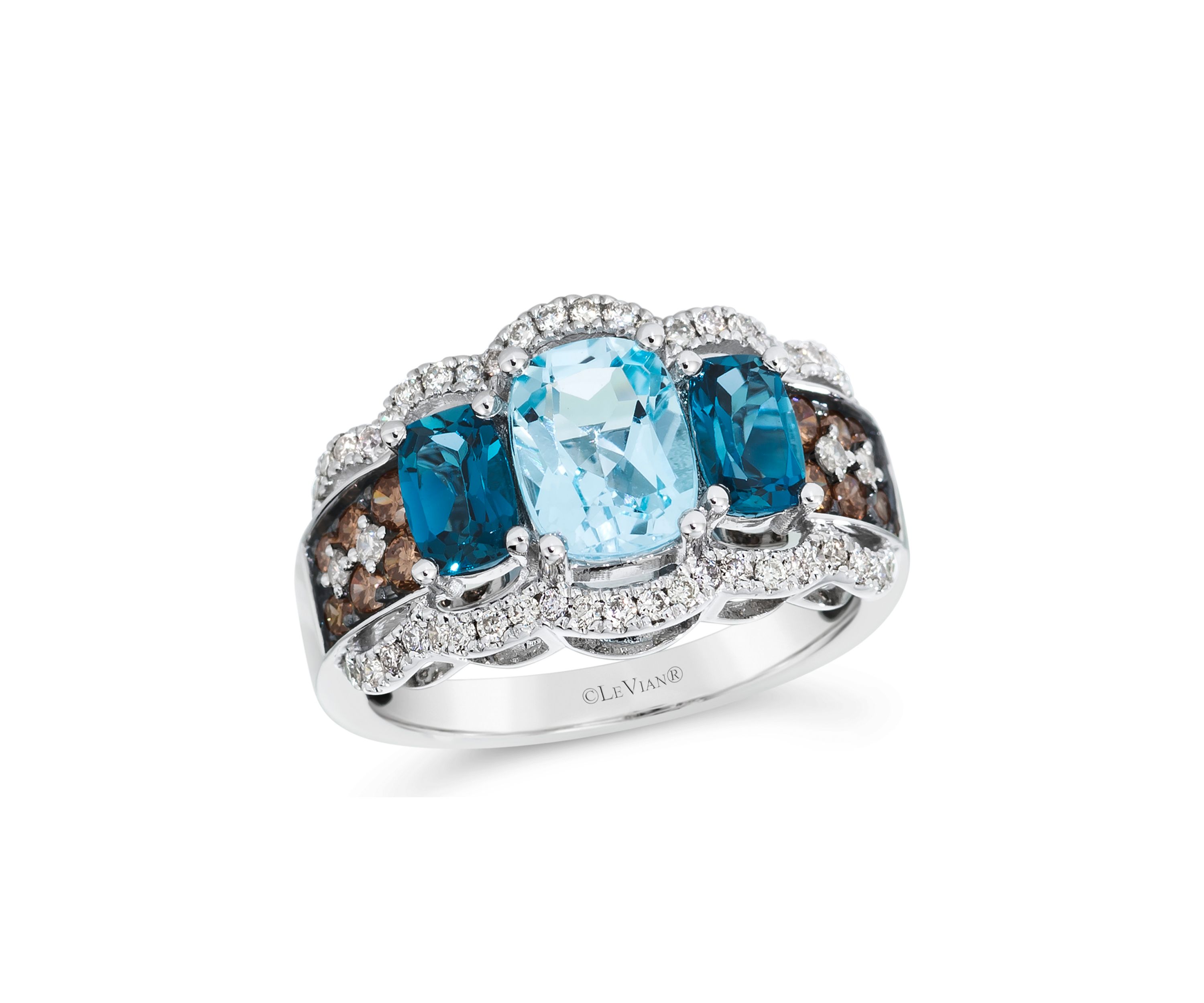 1.25 ct. t.w. Blue Topaz, 1 ct. t.w. Deep Sea Blue Topaz™, 3/4 ct. t.w. of Chocolate Diamonds® and Nude Diamonds™ Ring in 14K Vanilla Gold®
