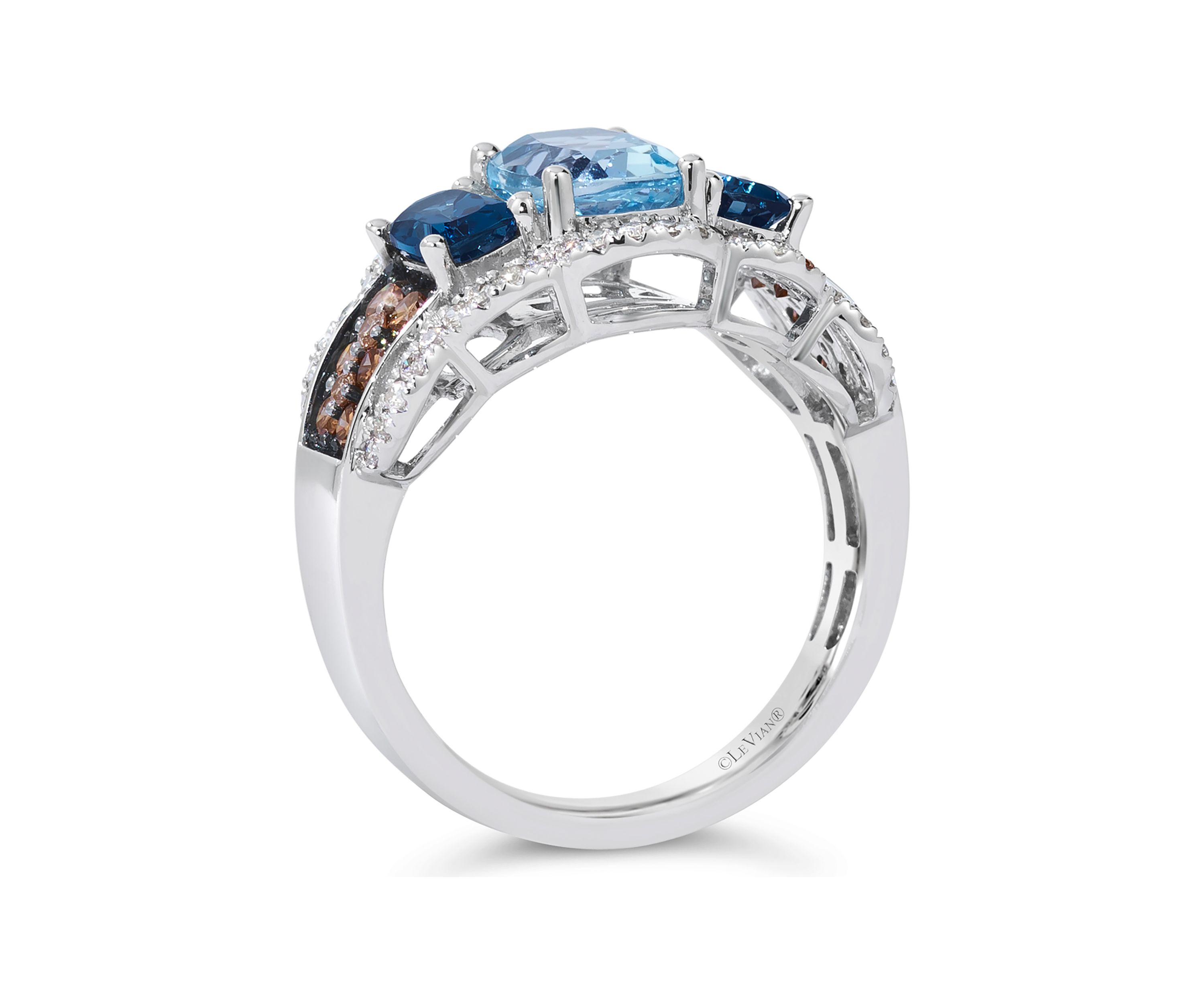 1.25 ct. t.w. Blue Topaz, 1 ct. t.w. Deep Sea Blue Topaz™, 3/4 ct. t.w. of Chocolate Diamonds® and Nude Diamonds™ Ring in 14K Vanilla Gold®