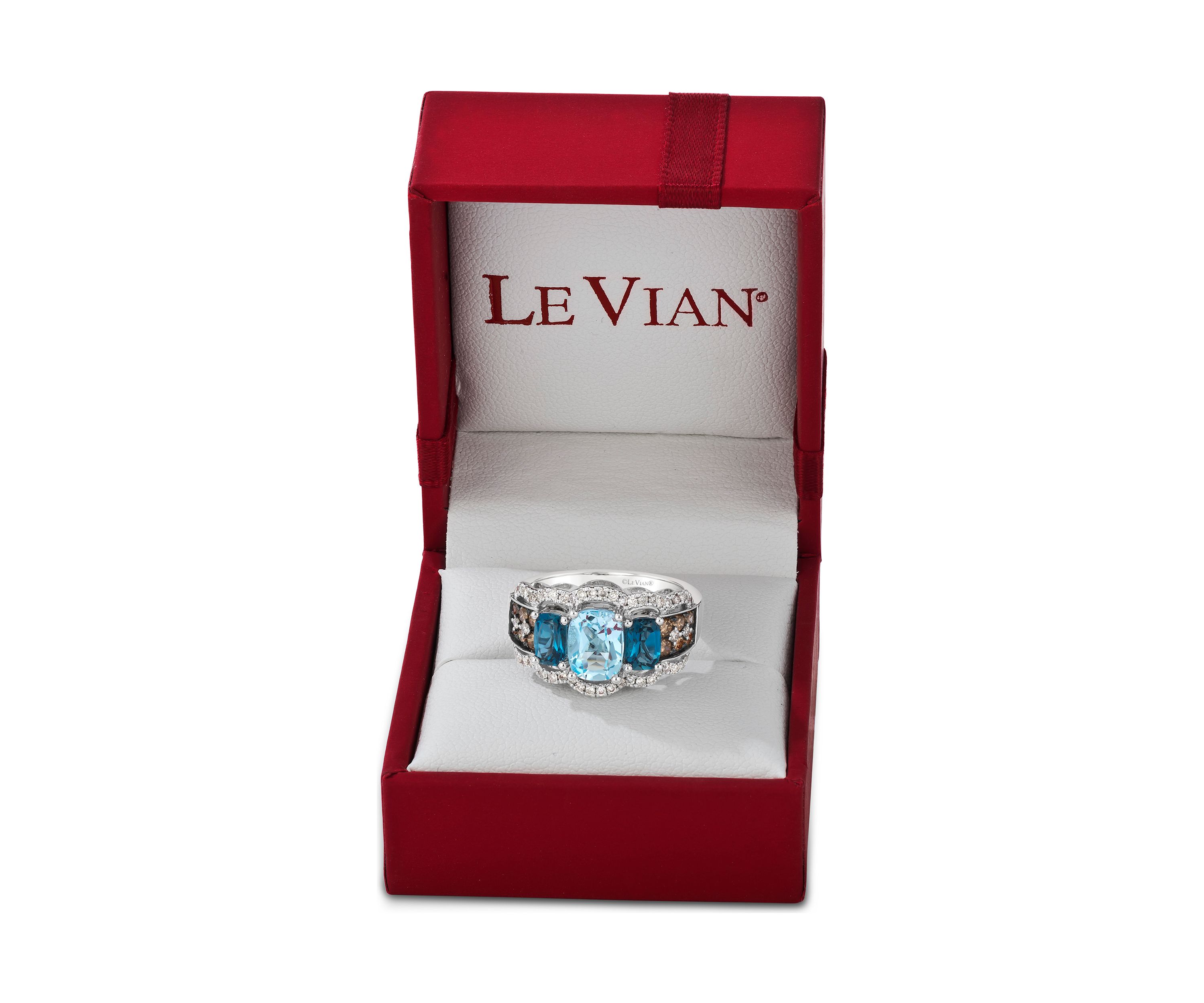 1.25 ct. t.w. Blue Topaz, 1 ct. t.w. Deep Sea Blue Topaz™, 3/4 ct. t.w. of Chocolate Diamonds® and Nude Diamonds™ Ring in 14K Vanilla Gold®