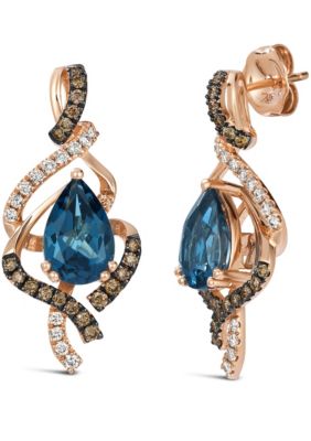 Le Vian® Earrings featuring 2 5/8 cts. Deep Sea Blue Topaz™, 1/3 cts. Chocolate Diamonds®, 1/5 cts. Nude Diamonds™ set in 14K Strawberry Gold®