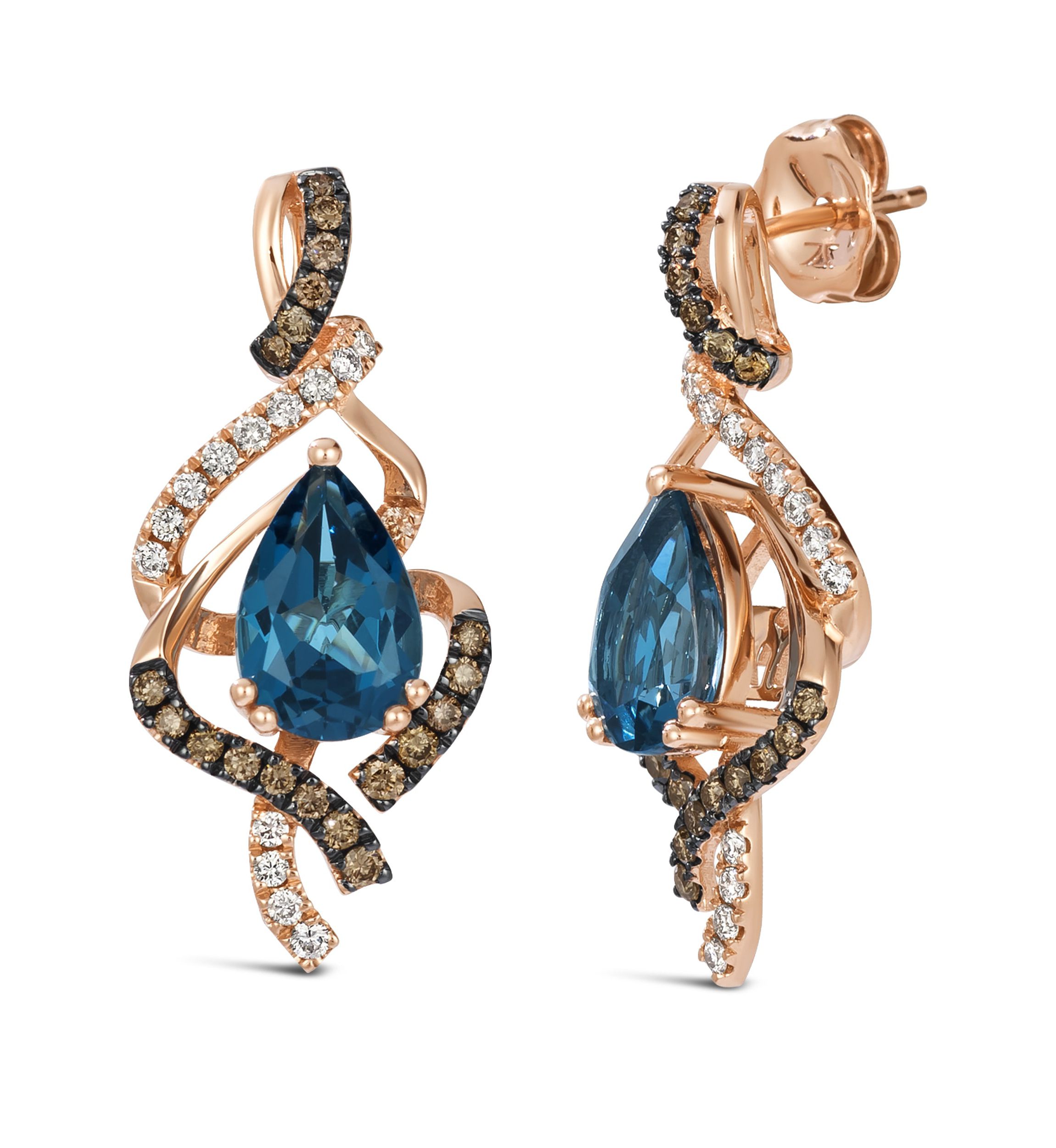 Le Vian® Earrings featuring 2 5/8 cts. Deep Sea Blue Topaz™, 1/3 cts. Chocolate Diamonds®, 1/5 cts. Nude Diamonds™ set in 14K Strawberry Gold®