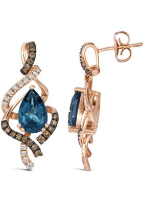 Le Vian® Earrings featuring 2 5/8 cts. Deep Sea Blue Topaz™, 1/3 cts. Chocolate Diamonds®, 1/5 cts. Nude Diamonds™ set in 14K Strawberry Gold®