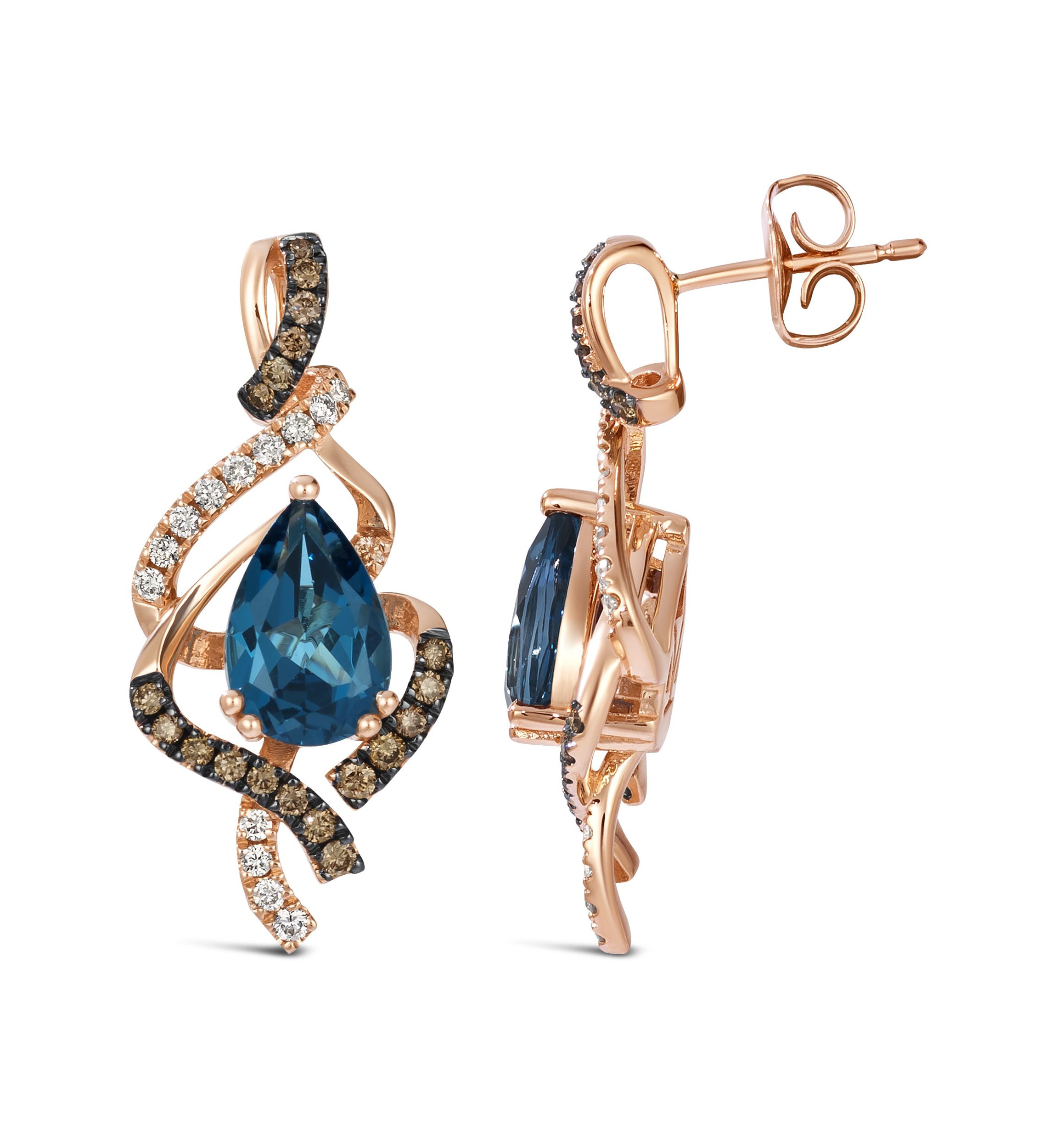 Le Vian® Earrings featuring 2 5/8 cts. Deep Sea Blue Topaz™, 1/3 cts. Chocolate Diamonds®, 1/5 cts. Nude Diamonds™ set in 14K Strawberry Gold®