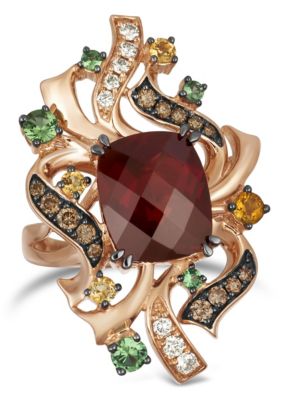 Crazy Collection® Ring featuring 6 1/2 cts. Pomegranate Garnet™, 3/8 cts. Forest Green Tsavorite™, 1/4 cts. Cinnamon Citrine®, 1/4 cts. Chocolate Diamonds®, 1/5 cts. Nude Diamonds™ set in 14K Strawberry Gold®