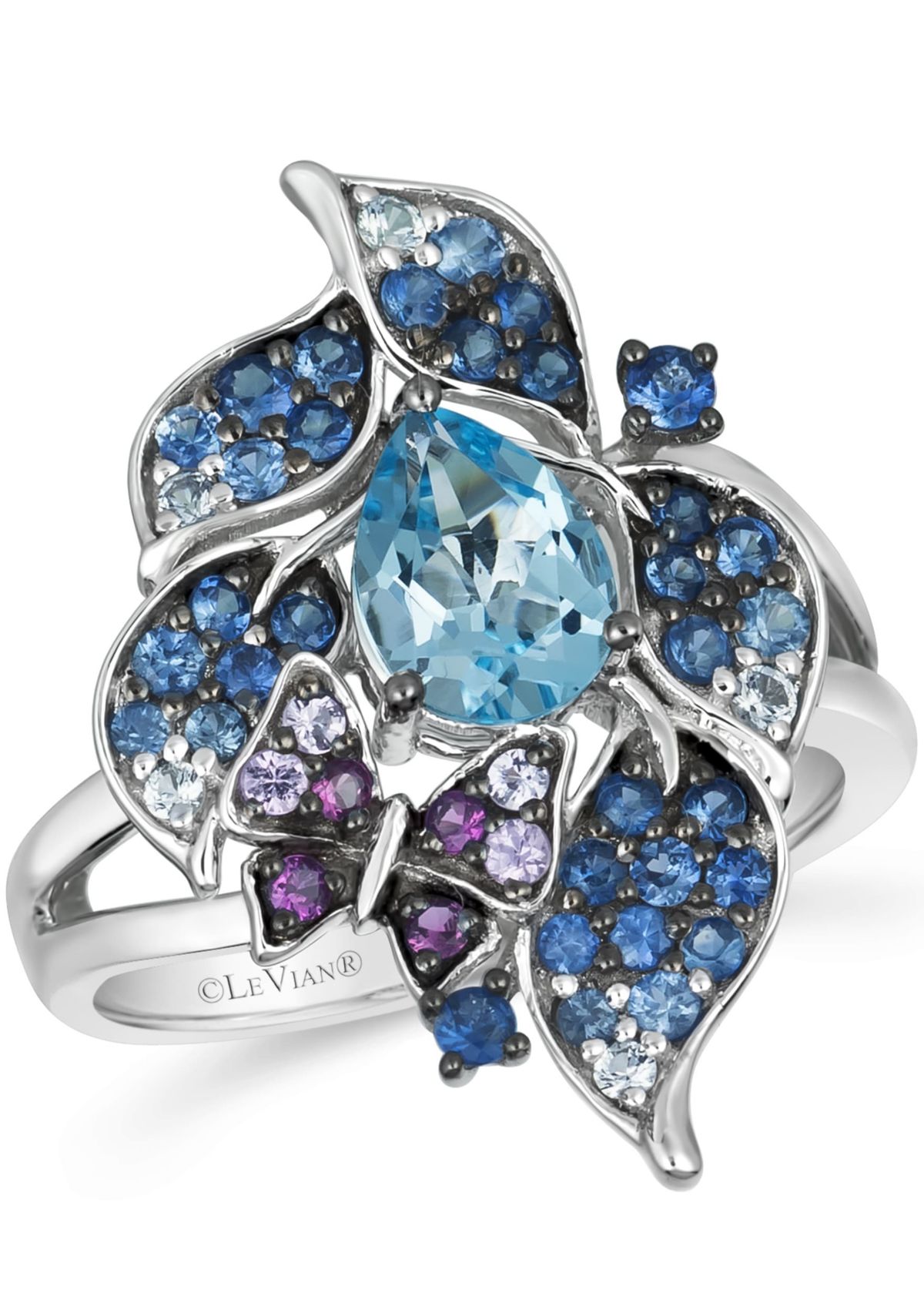 Ombre Ring featuring 1 cts. Blue Topaz, 5/8 cts. Denim Ombré®, 1/8 cts. Pink Sapphire Ombre, 1/10 cts. White Sapphire, set in 14K Vanilla Gold®