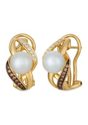  1/4 ct. t.w. Diamond and Pearl Earrings from 14K Yellow Gold