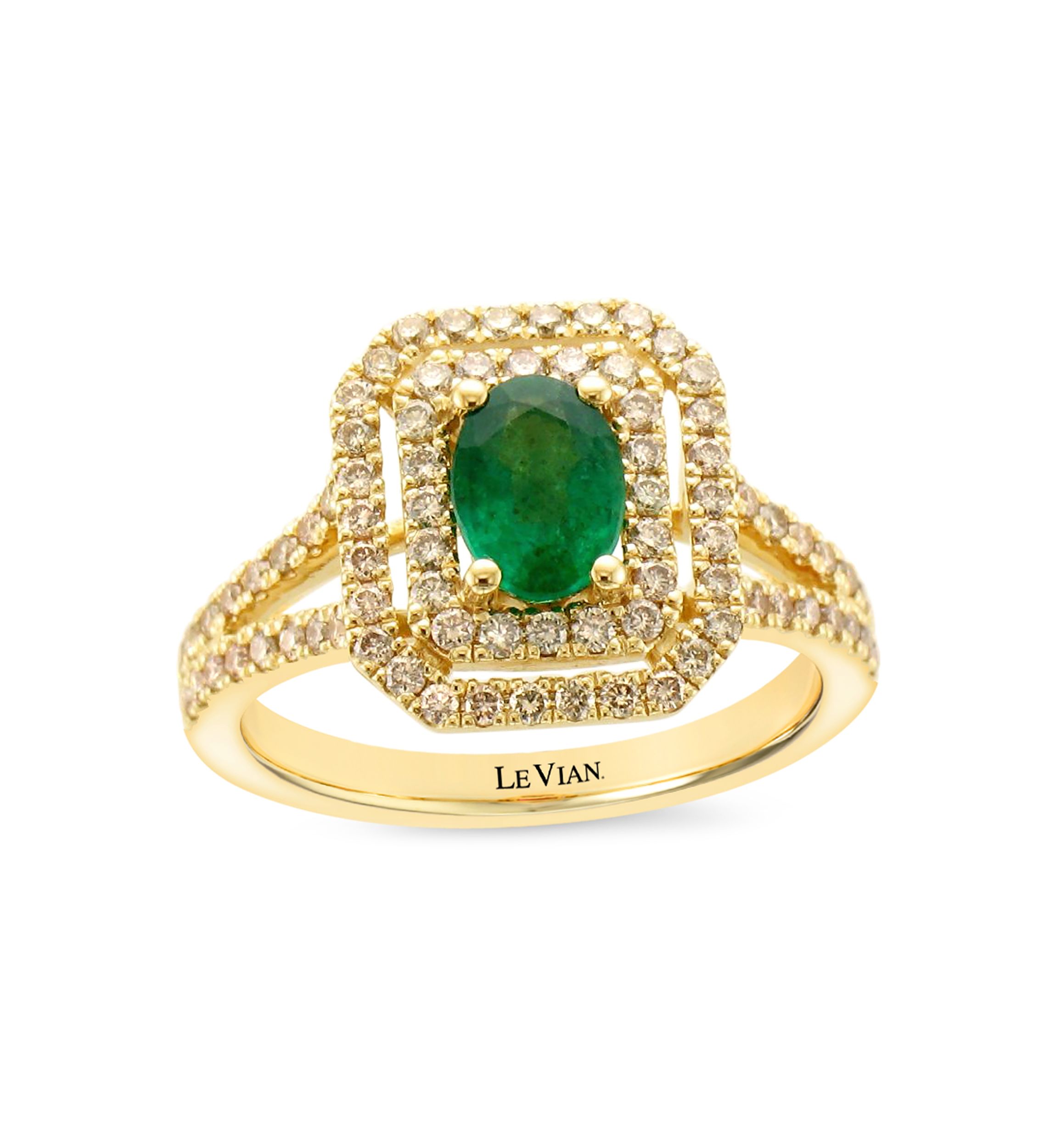 1/2 ct. t.w. Emerald, 5/8 ct. t.w. Nude Diamonds™, Chocolate Diamonds® Ring in 14K Honey Gold™