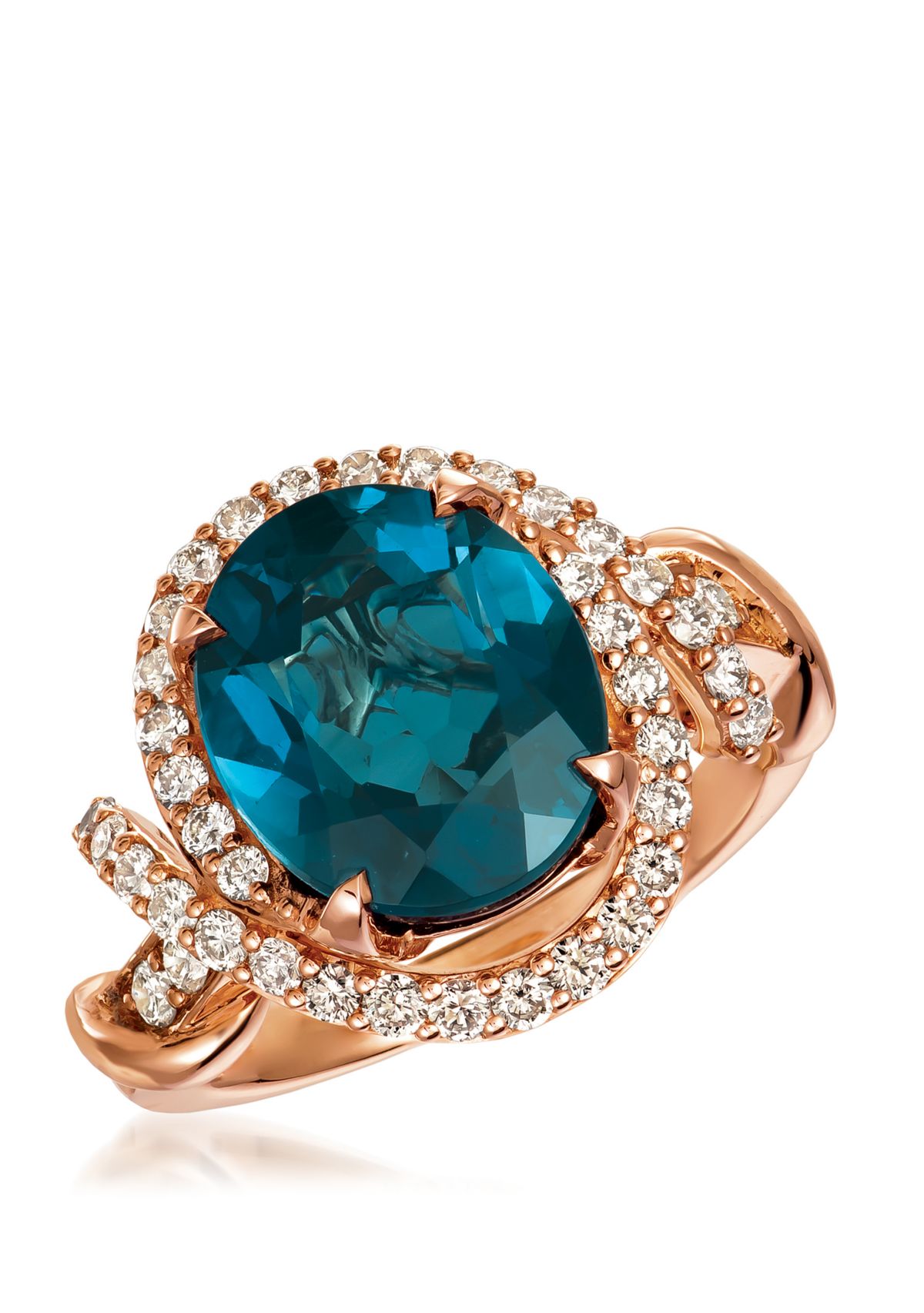 Creme Brulee® Ring featuring 5 1/3 ct. t.w. Deep Sea Blue Topaz™, 3/4 ct. t.w. Nude Diamonds™ in 14K Strawberry Gold®
