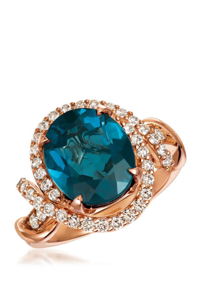 Creme Brulee® Ring featuring 5 1/3 ct. t.w. Deep Sea Blue Topaz™, 3/4 ct. t.w. Nude Diamonds™ in 14K Strawberry Gold®